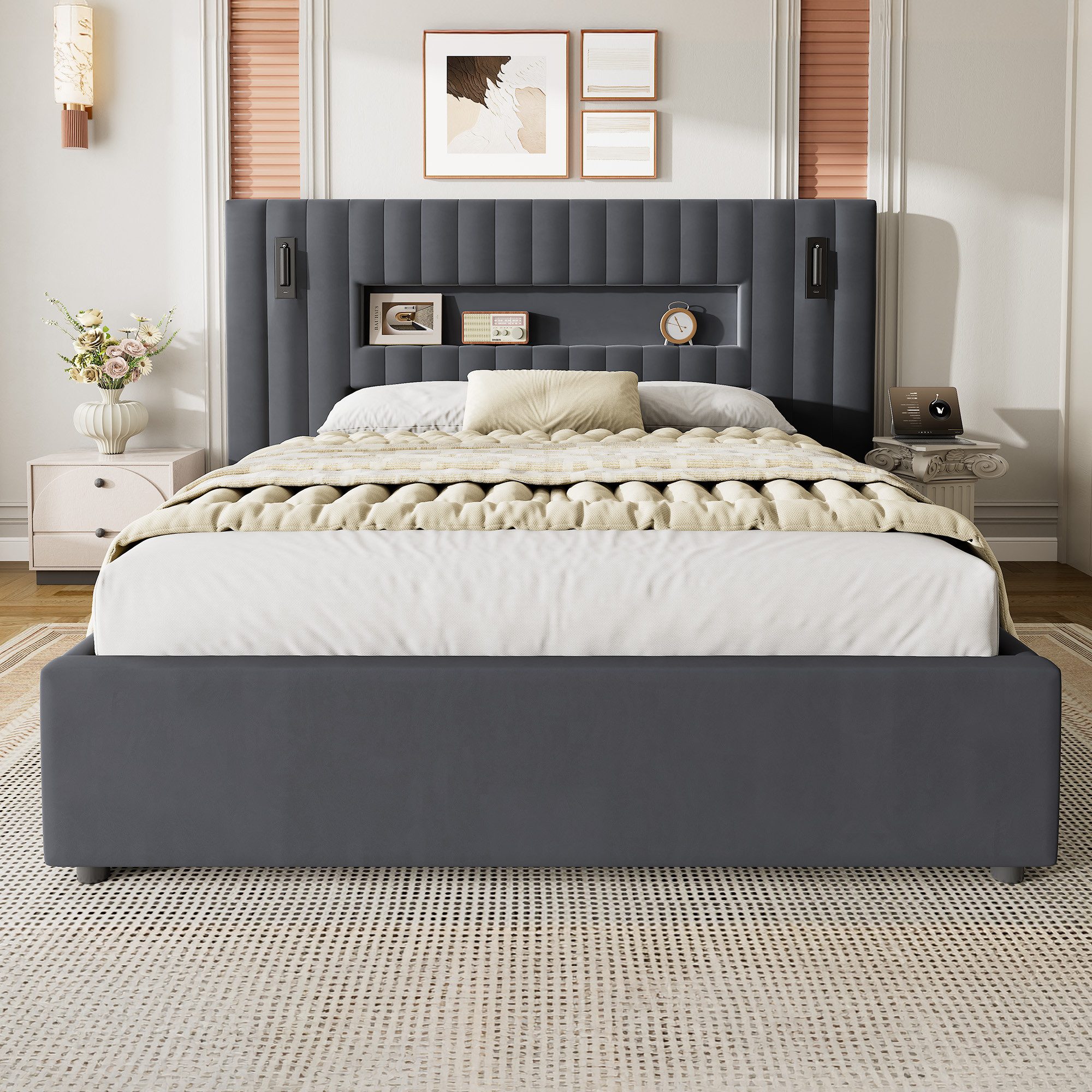 HAUSS SPOLE Polsterbett 140×200 Doppelbett Stauraumbett mit Bettkasten,Jugendbett Samt,Grau (Doppelbett Funktionbett mit Samtstoff-Oberfläche und Polsterrahmen für Schlafzimmer, ohne Matratze), Komfortbett mit Lattenrost und bereitem Kopfteil
