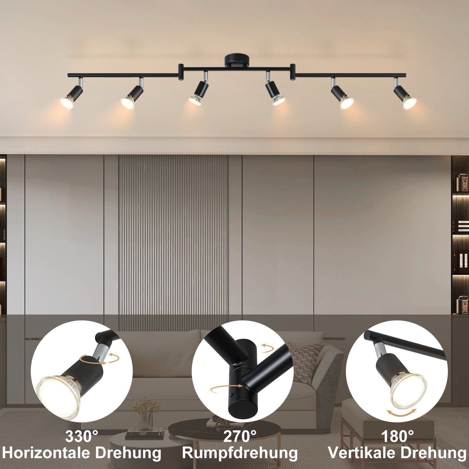 Decke Flammig Schwarz Wohnzimmer, Modern Deckenstrahler Edelstahl Spot ohne ZMH - Deckenspots 6 350°Drehbar Leuchtmittel, Ohne innen GU10 Leuchtmittel, Deckenleuchte