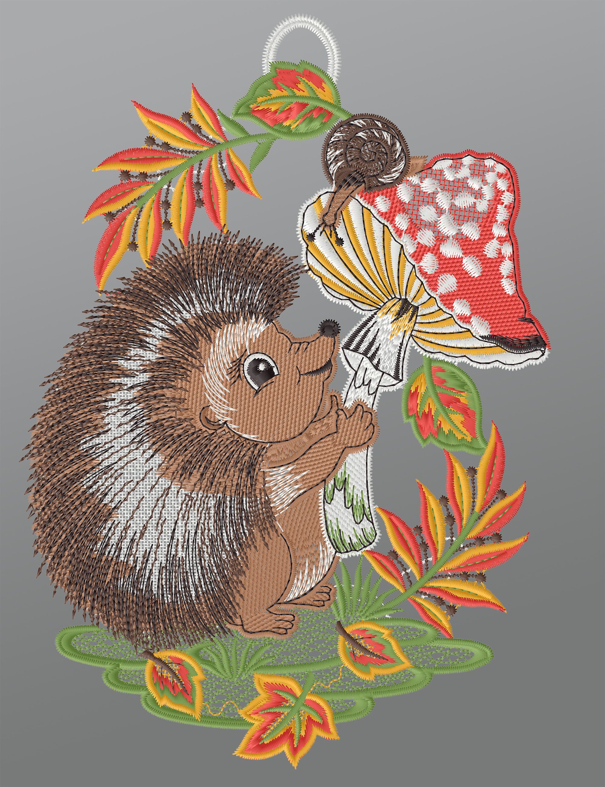 Plauener Spitze® Fensterbild Igel mit Fliegenpilz, HxB 28x16cm