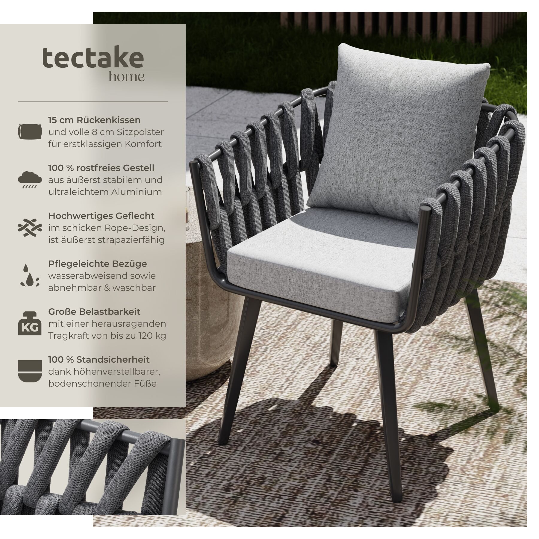 tectake Gartenstuhl Alu Outdoorstuhl mit Rope-Design, wetterfest, dicke Polsterung (Balkonstuhl Lugano, 1 St), Belastbarkeit 120 kg, Inkl. Sitzpolster und Rückenkissen