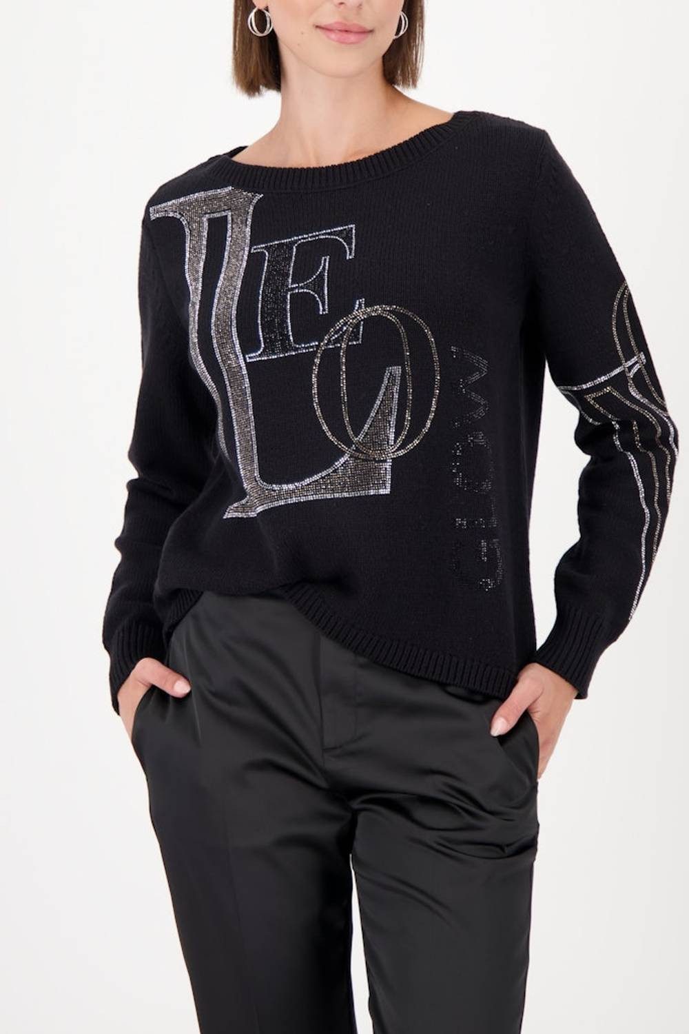 Monari Rundhalspullover 809518 Intarsienstrick mit funkelnden Strassdetails günstig online kaufen