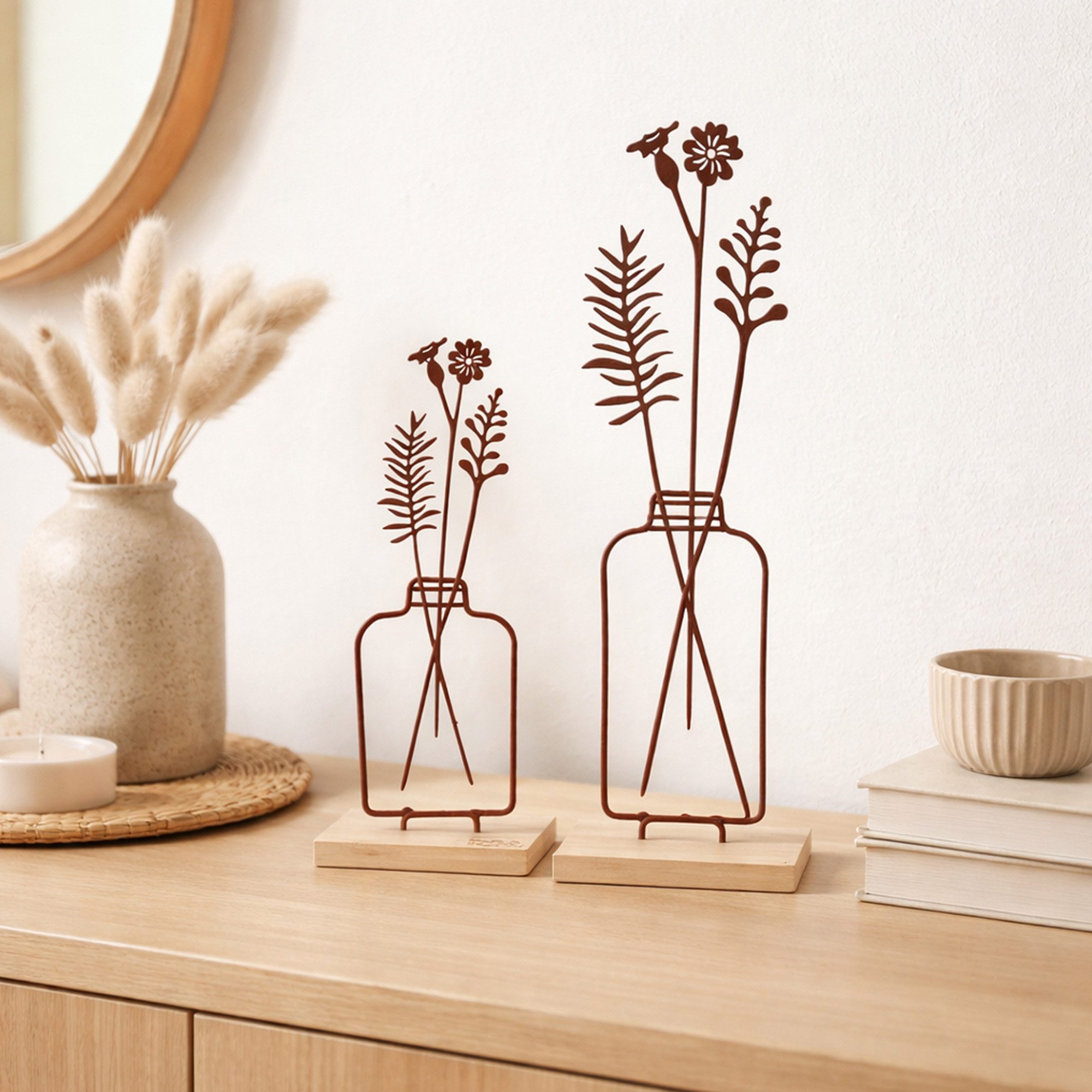UNUS HOME Dekofigur Aufsteller Blumenvase 2er Set (2er Set in unterschiedlichen Größen), Blumenvase-Silhouette aus Metall und Bambus-Holz Wohndekoration
