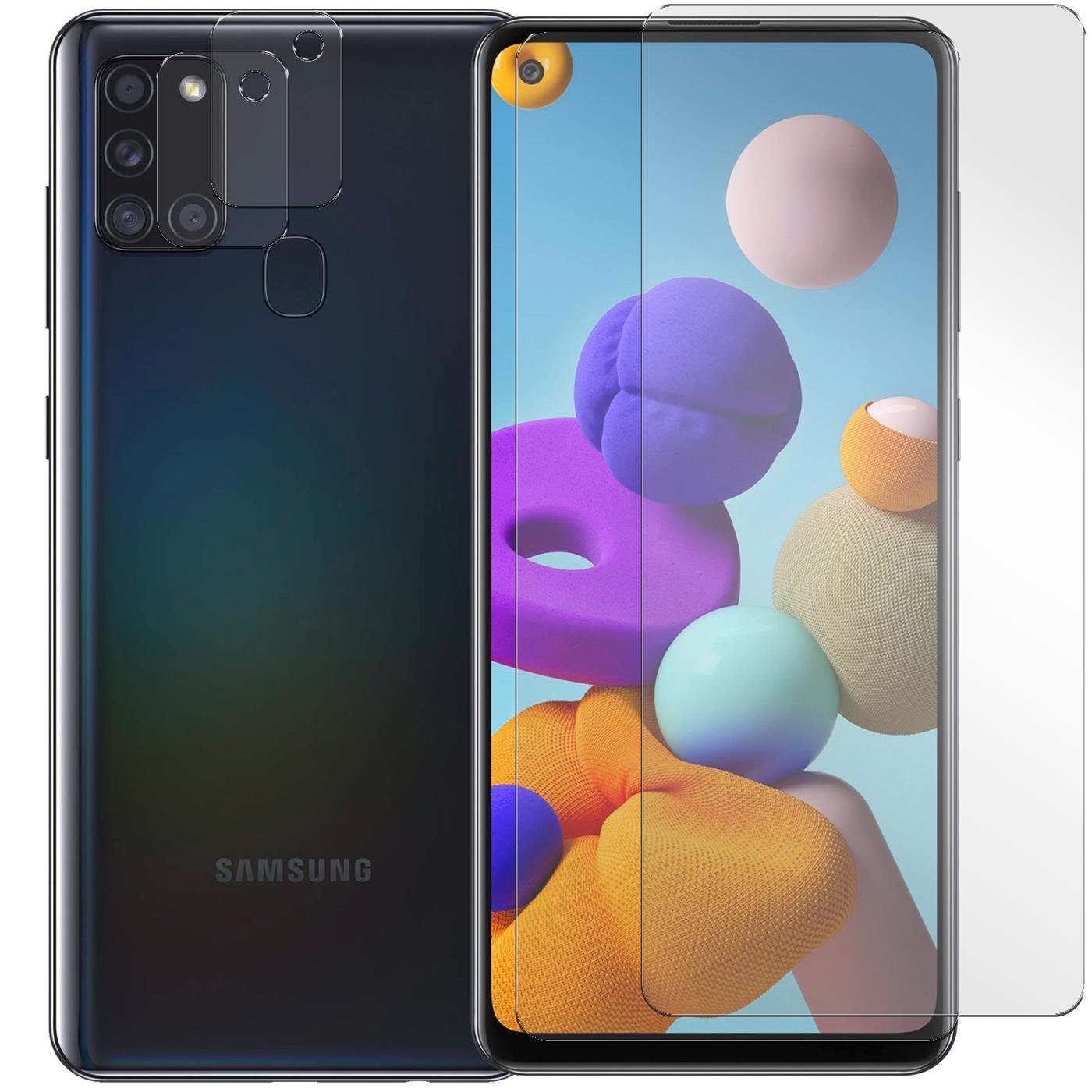CoolGadget Schutzfolie Panzerfolie für Samsung A21s, (Spar-Set 4in1, 2x Displayschutz, 2x Kameraschutz), Panzerglas Schutzfolie für Samsung Galaxy A21s Folie