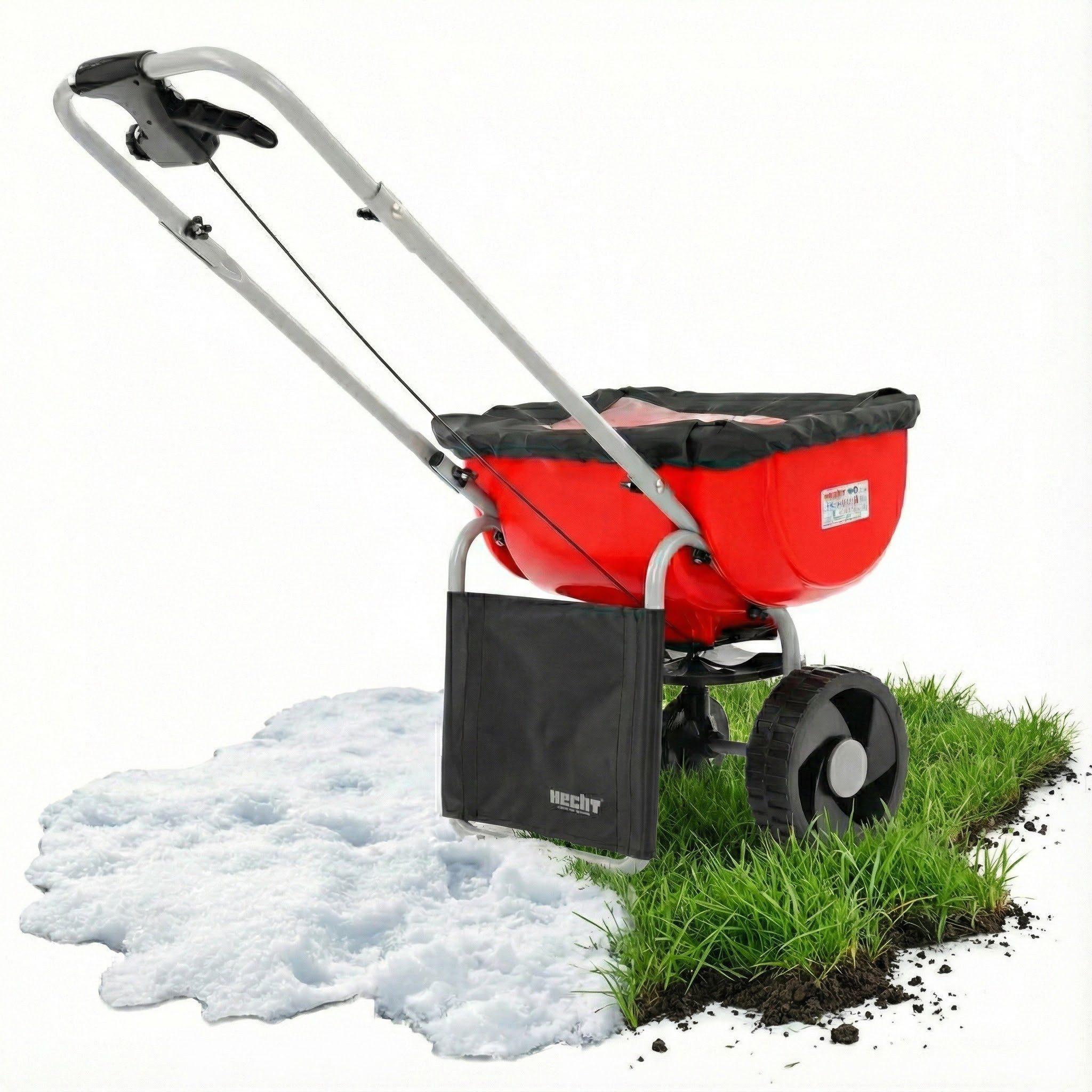 Hecht Streuwagen mit Abdeckhaube, Spritzschutz 27 Liter Schleuderstreu System, 27 l Füllmenge, Stufenlose Mengenkontrolle 1-10, Metallgestell