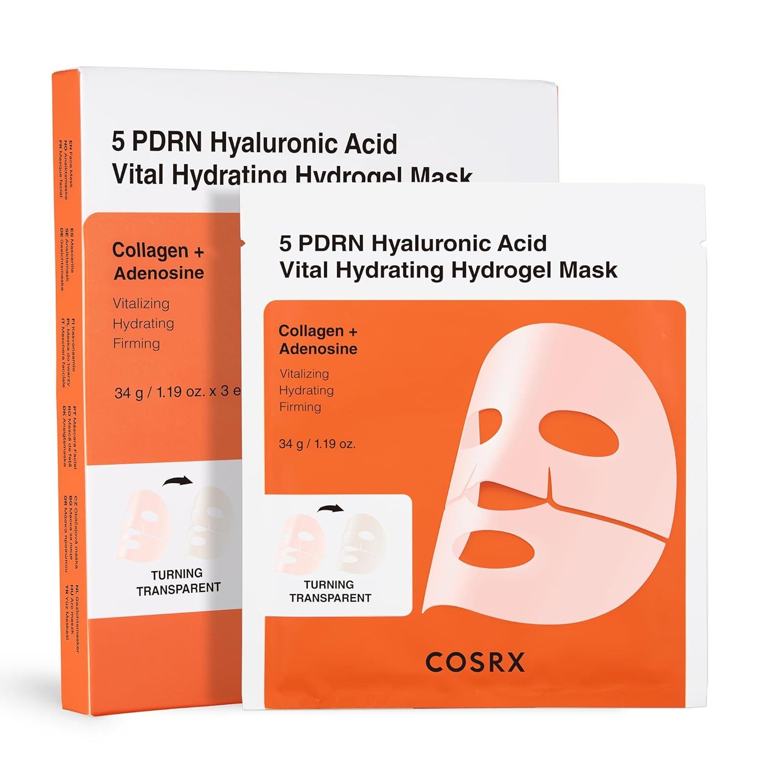 Cosrx Gesichtsmaske 5 PDRN Hyaluronic Acid Vital Hydrating Hydrogel Mask – Set mit 3 Gesichtsmasken à 34 g – intensive Feuchtigkeit & Pflege für trockene, fahle oder reife Haut – mit Niacinamid, Kollagen & Panthenol