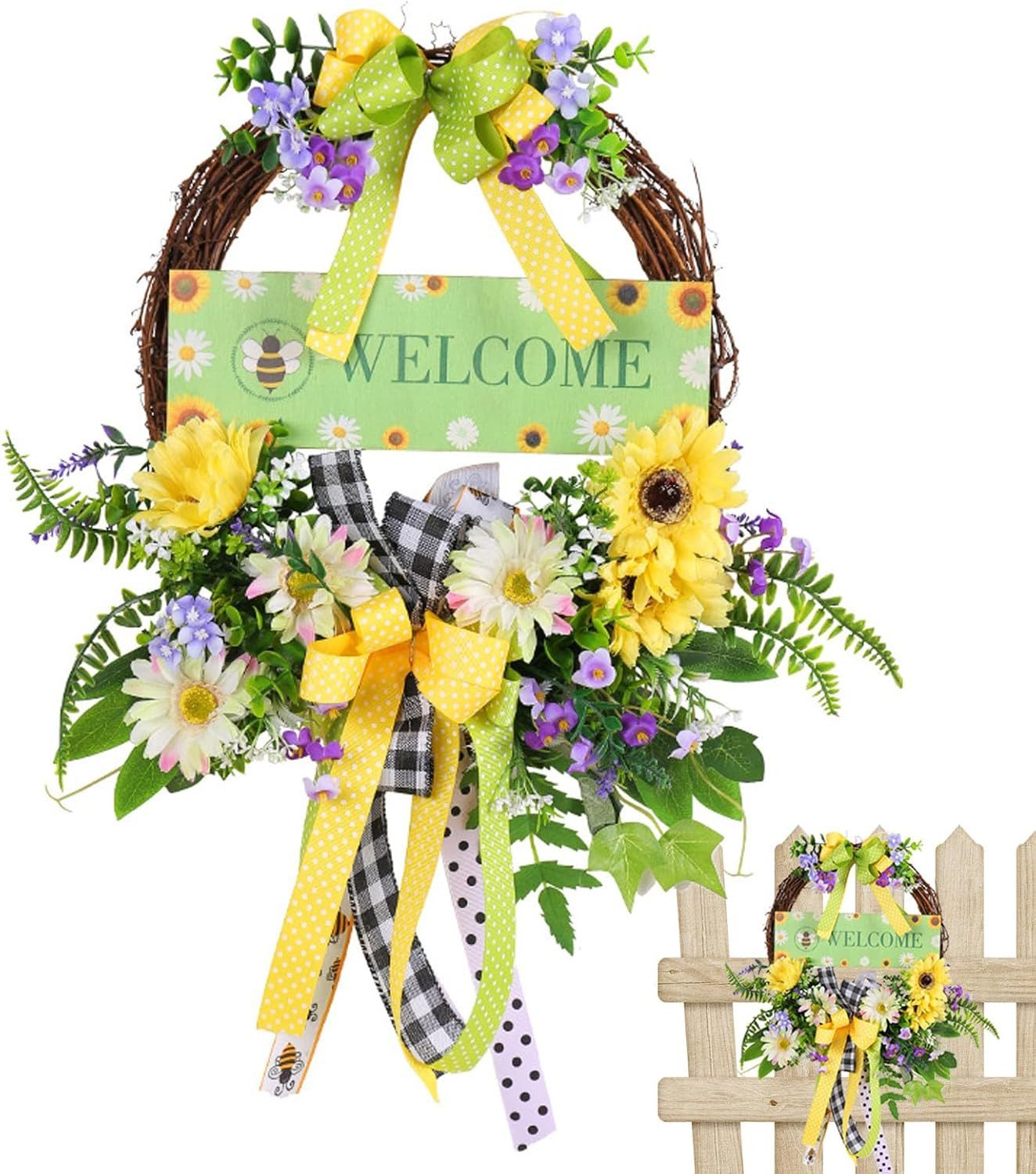 FELIXLEO Duschvorhangklammer Kunstblumen Kranz Deko, Sonnenblume Outdoor Türkranz für Haustür
