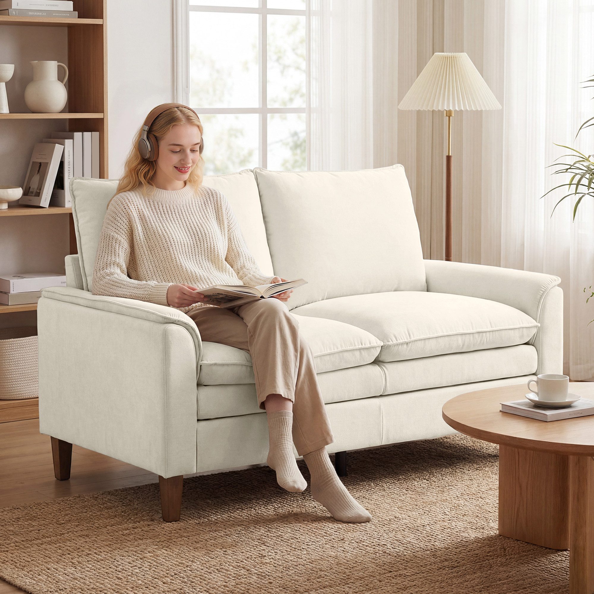HOMCOM 2-Sitzer kleine Couch 146 cm, Modern Polstersofa mit Holzbeine, Creme, Spar-Set 1 Teile, Doppelschicht-Polsterung mit Federkissen