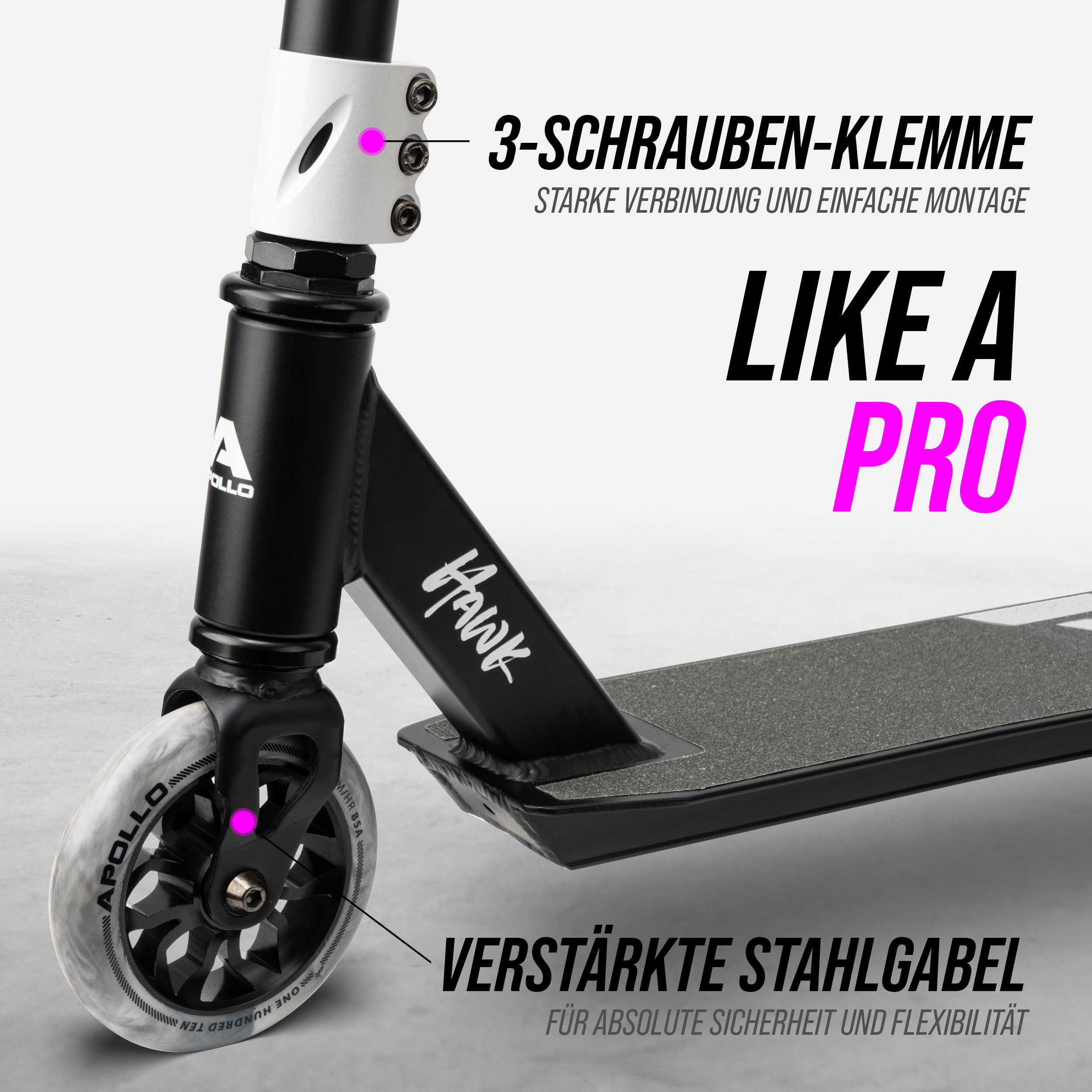 Apollo Stuntscooter Hawk - Scooter für Erwachsene, Jugendliche und Kinder ab 6 Jahren, extra breite Trittfläche & stabiler Lenker