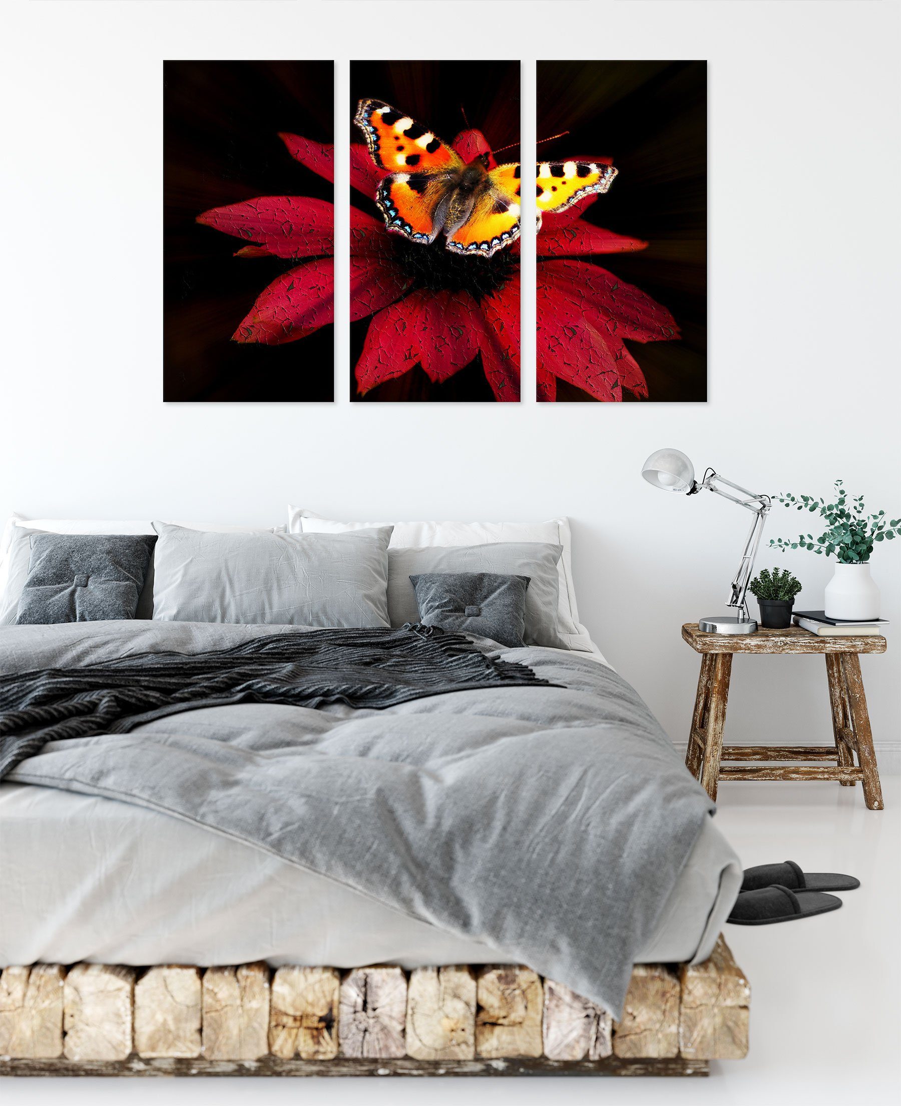 fertig inkl. (120x80cm) Leinwandbild 3Teiler Zackenaufhänger (1 Pixxprint auf Leinwandbild St), Blüte, auf bespannt, roter roter Schmetterling Schmetterling Blüte