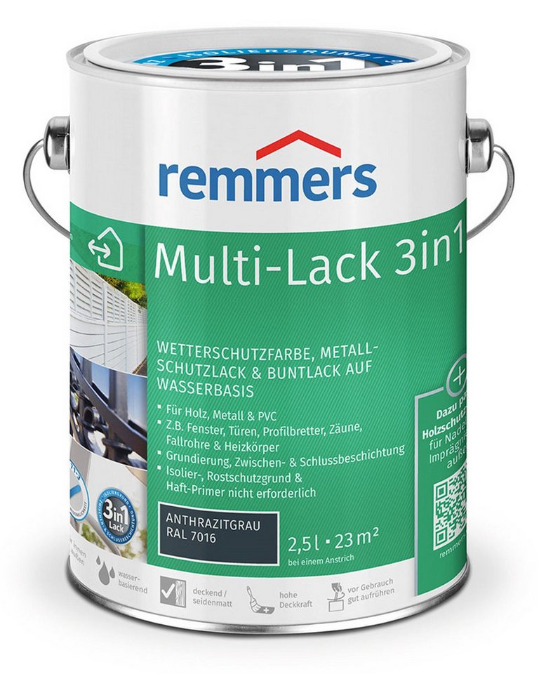 Remmers Wetterschutzfarbe Multi-Lack 3in1 2,5 Liter, Metallschutzlack & Buntlack auf Wasserbasis für Holz, Metall, PVC