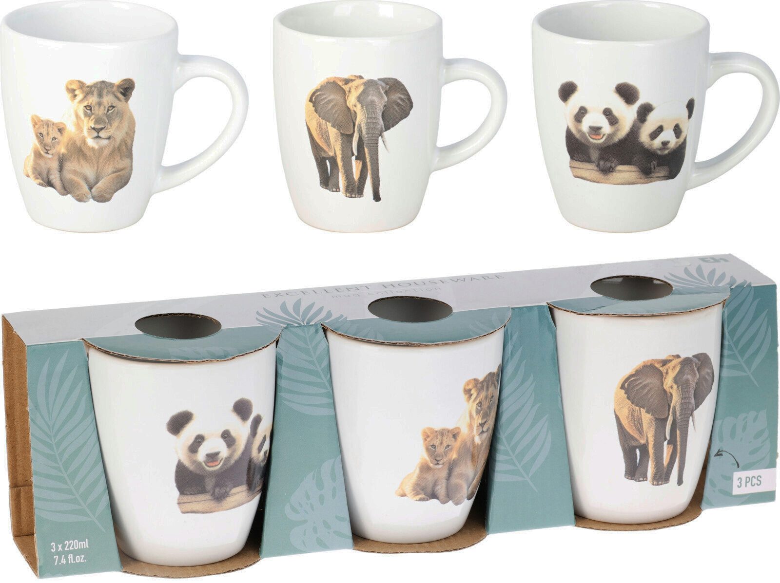 Koopman Becher Kaffeebecher 3 Tiermotive 220 Ml Weiß Porzellan Tasse, 3-tlg., Porzellan, 3er Set, Porzellan, Tiermotive, 220ml, Kaffeetasse