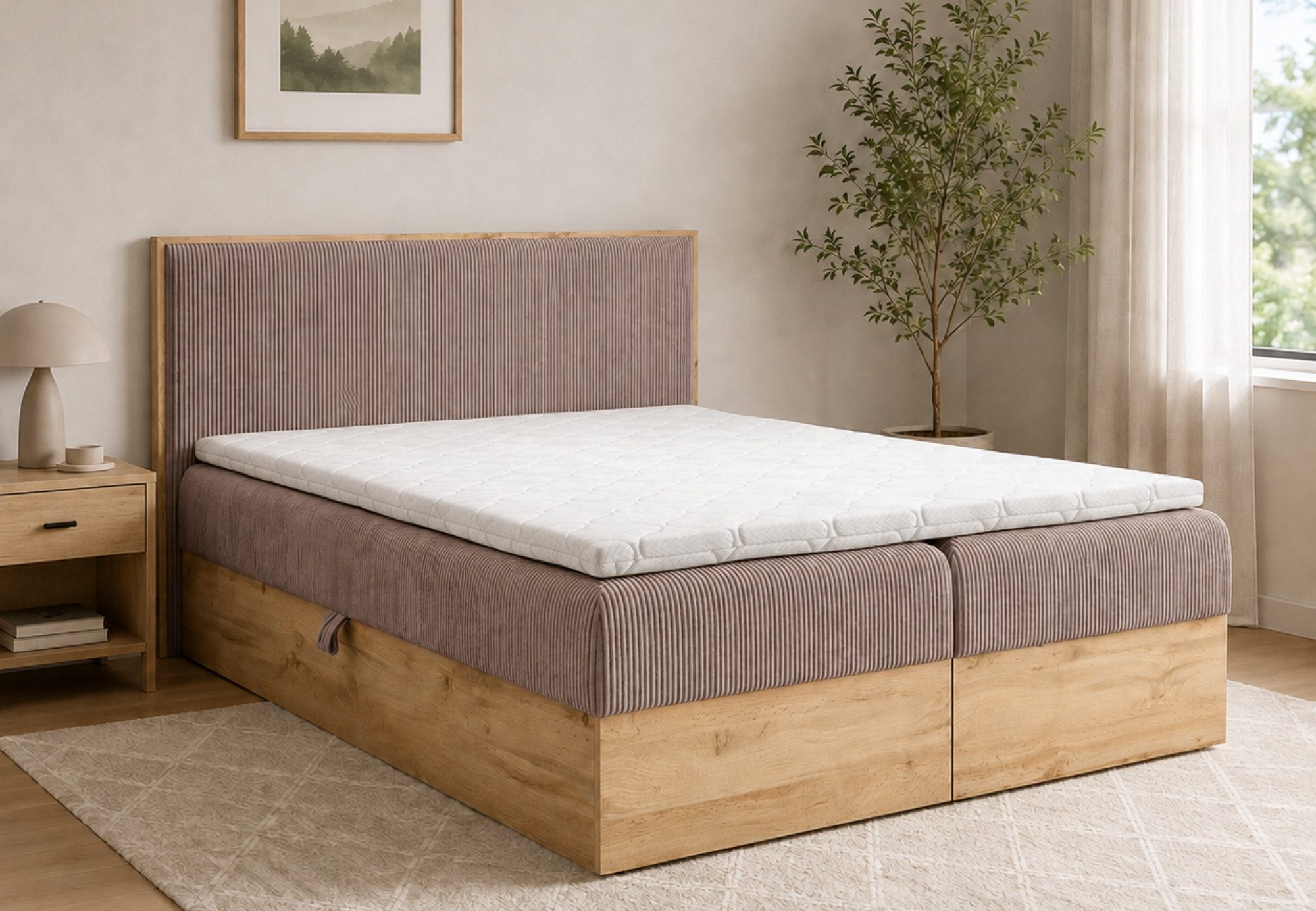 Home Collective Boxspringbett Bett Doppelbett mit Bettkasten Polsterbett Holzoptik Eiche (Größen 120x200, 140x200, 160x200, 180x200, 200x200 cm), Bonell-Federkern und Topper, weicher Kordstoff Altrosa