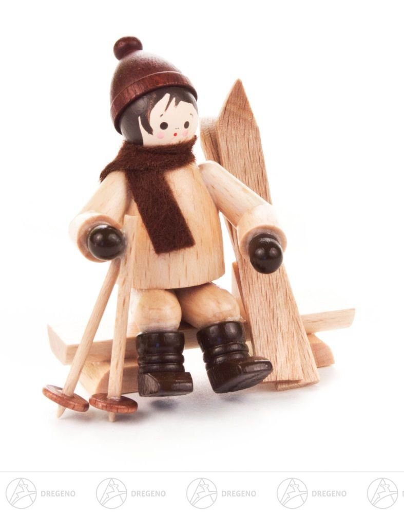 Dregeno Erzgebirge Weihnachtsfigur Miniatur Skifahrer auf Bank natur Höhe ca 5,5 cm NEU