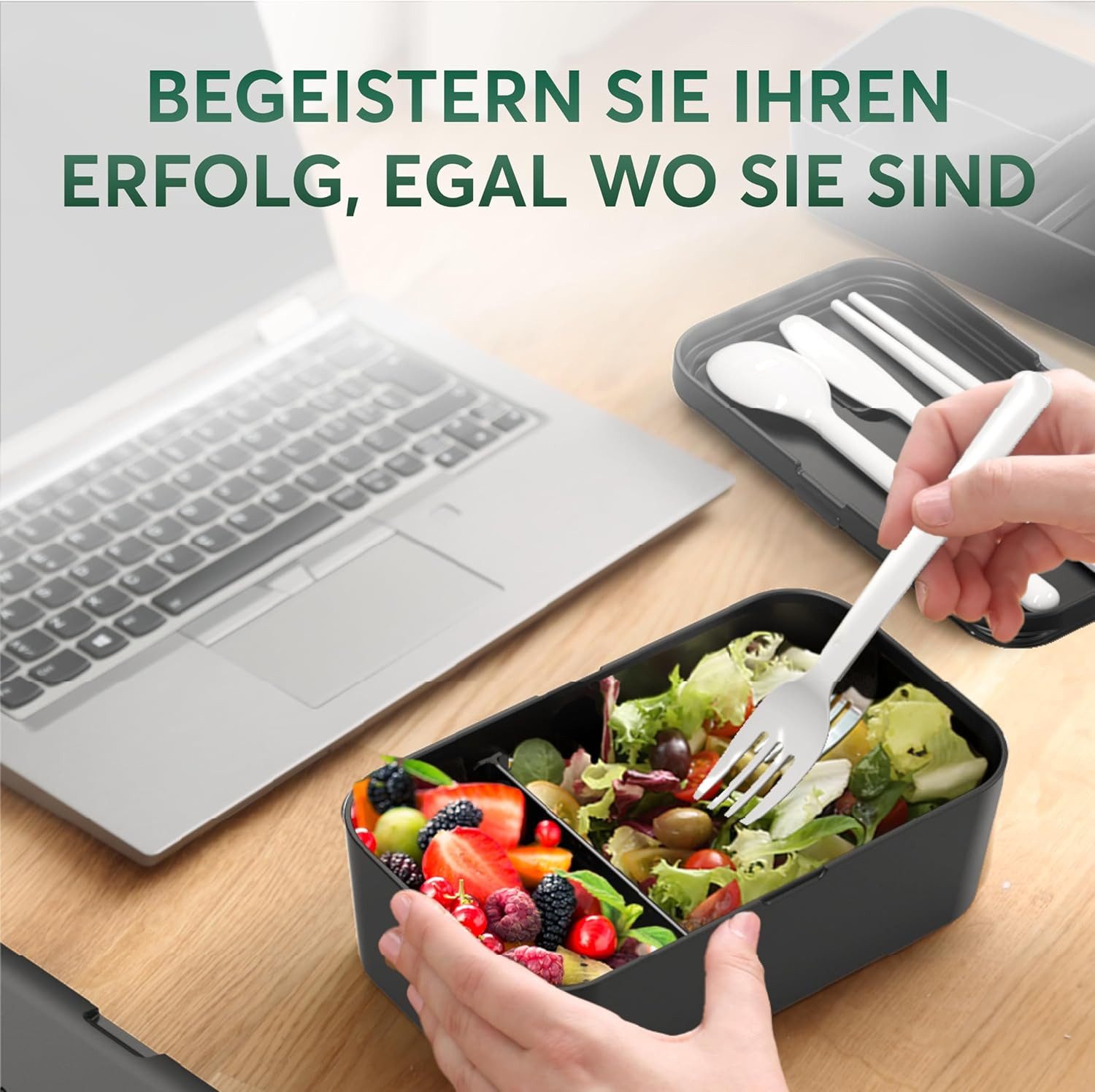 UMAMI Lunchbox Verschachtelbar 900 ml All-in-One - Brotdose, Enthält 4 Besteckteile, 1 Soßenbehälter und 1 herausnehmbaren Trenner