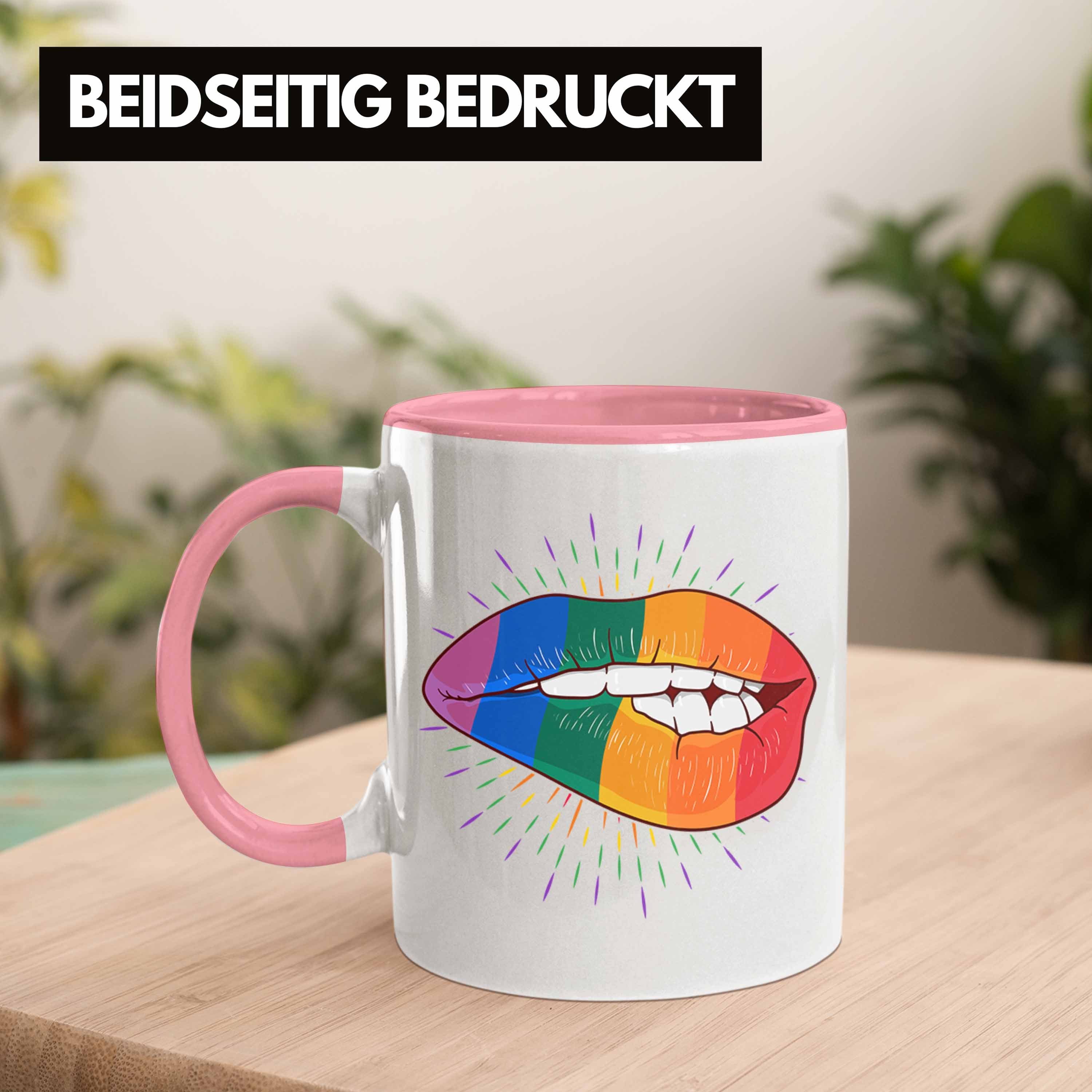 Transgender Rosa Tasse Regenbogen Lippe Lustige Lesben - Grafik Geschenk Trendation Regenbogen Trendation Bunte Tasse LGBT Schwule für