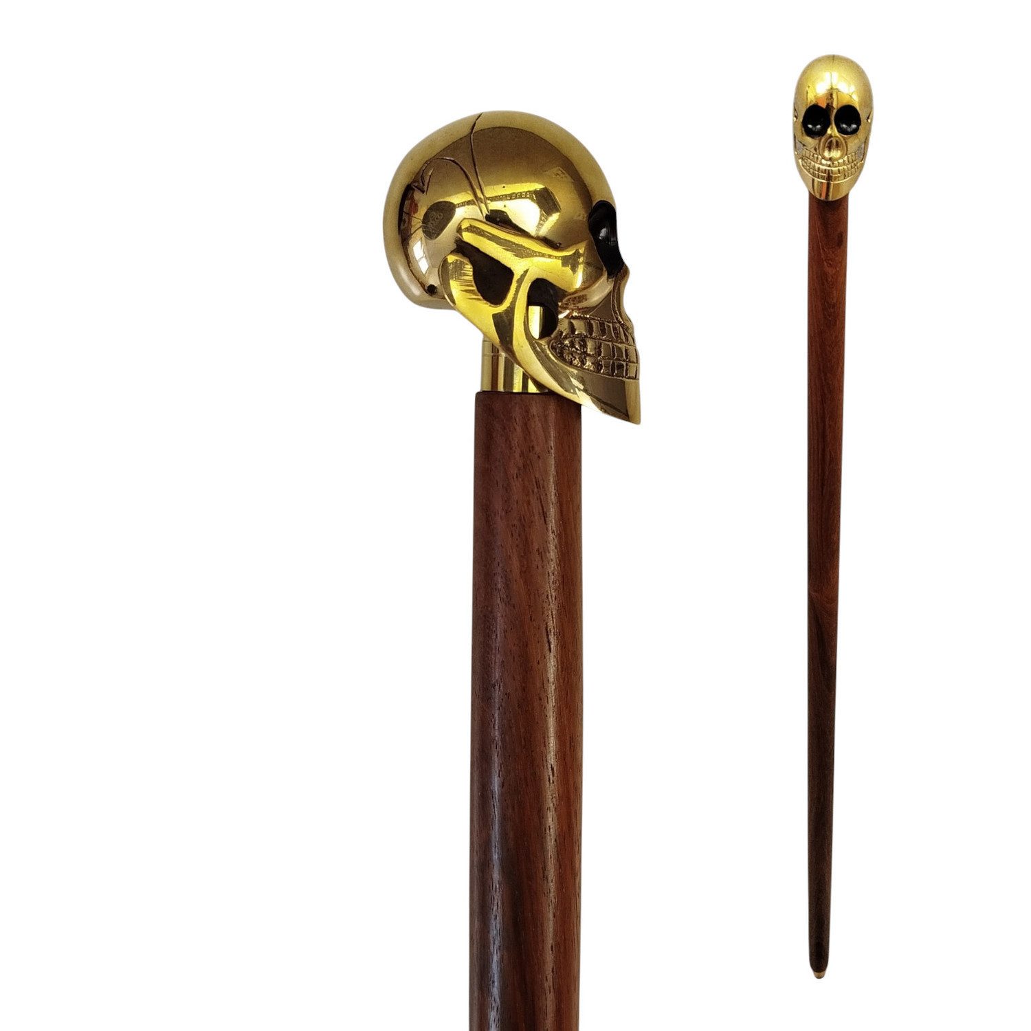 FTWdesign Frackstock Totenkopf Spazierstock aus Holz mit goldenem Griff aus Metall