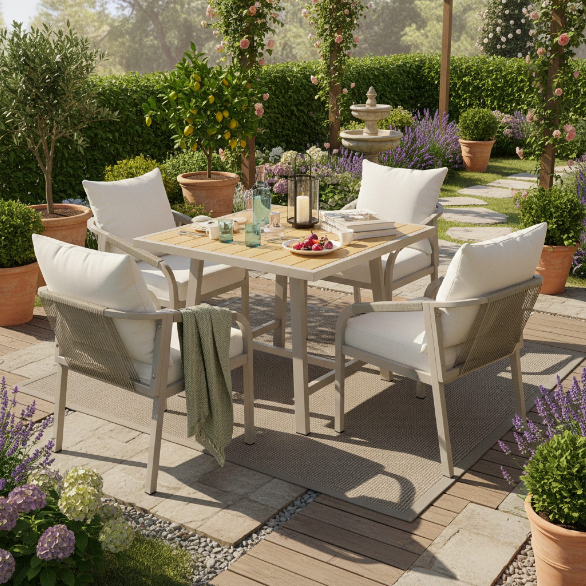 i@home Garten-Essgruppe Gartenmöbel-Set aus Akazienholz, Beige, (Terrassenmöbel Set mit Tisch & Stühlen, 5-tlg), für Balkon, Garten & Veranda
