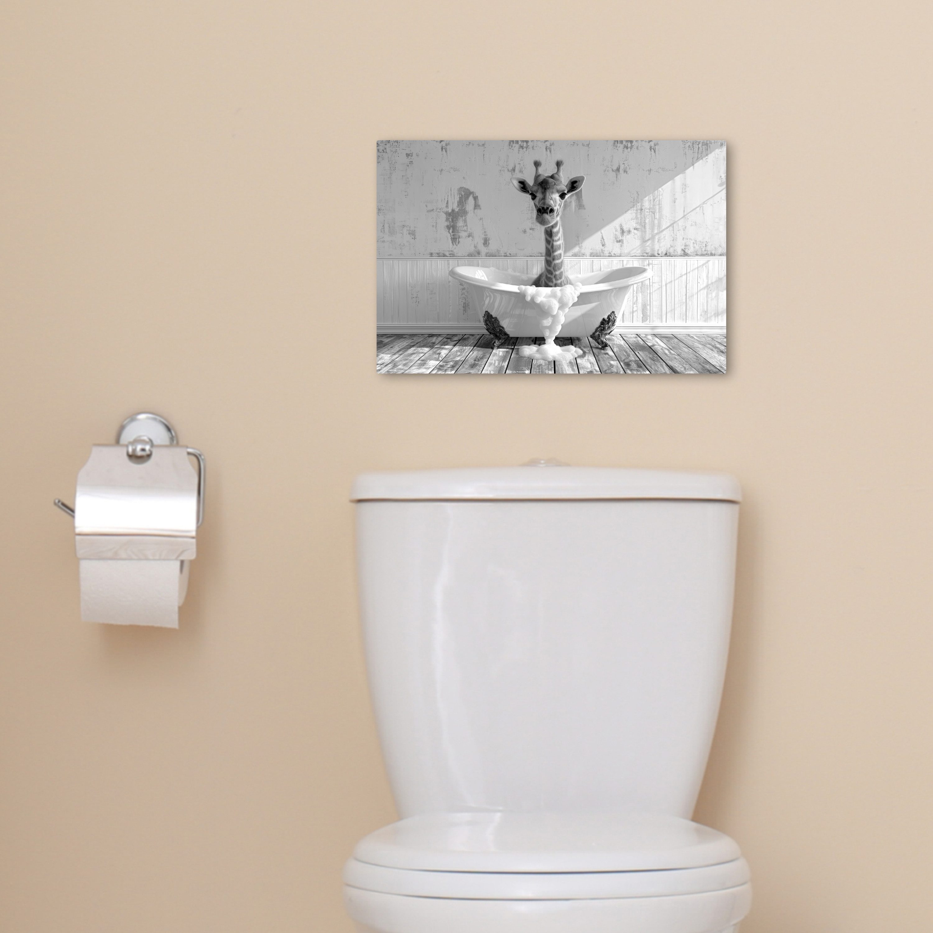 OneMillionCanvasses® Leinwandbild Giraffe - Tier - Bad - Vintage - Schwarz - Weiß, Fotodruck (1 St), Bilder für Badezimmer, Bad und Toiletten Deko, Bild WC 30x2 – Bild 5 von 5