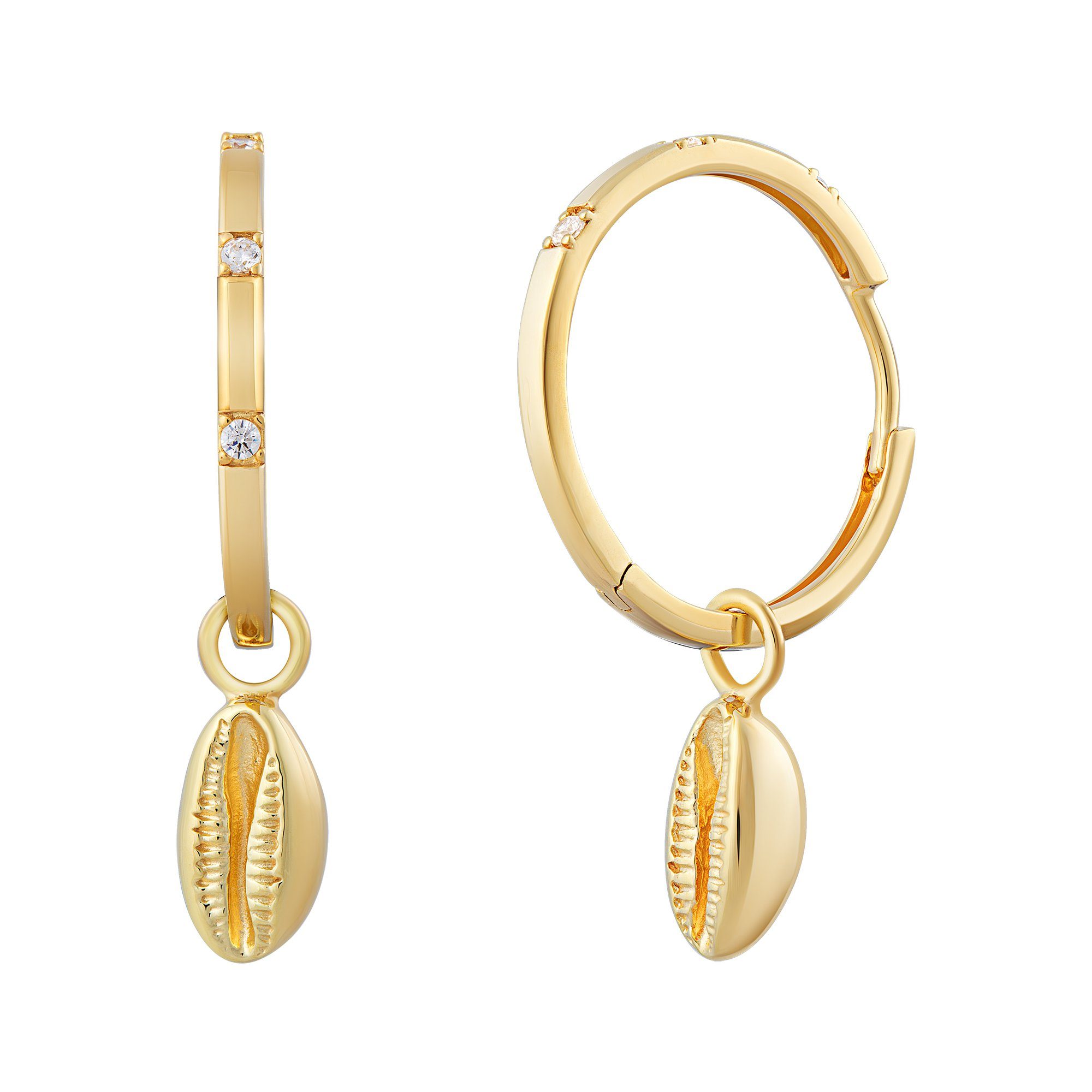 Paar Creolen 925 Sterling Silber vergoldet Zirkonia Kauri Muschel Anhänger