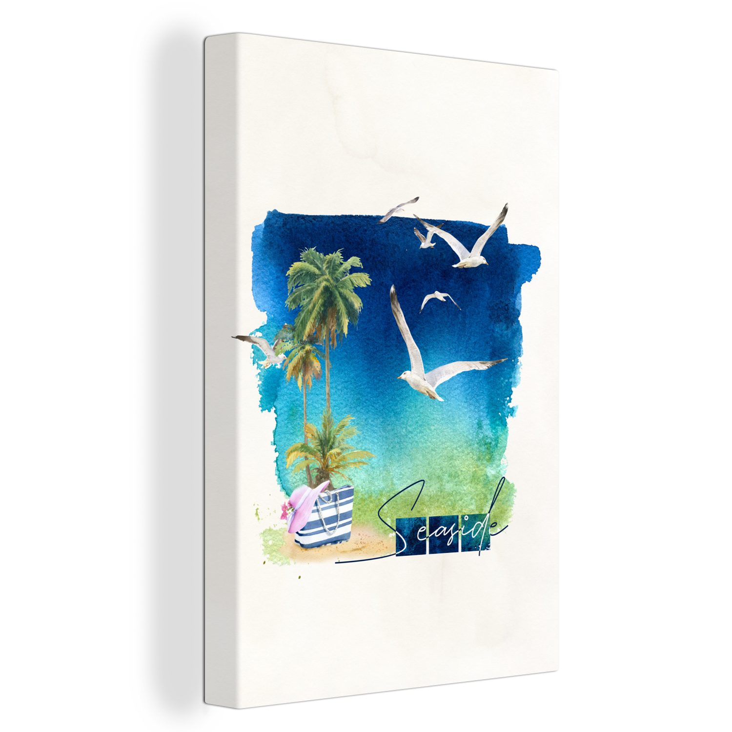 OneMillionCanvasses® Palme - Strandtasche inkl. Vogel Leinwandbild Leinwandbild Strand, St), 20x30 - (1 Zackenaufhänger, Gemälde, cm fertig bespannt -
