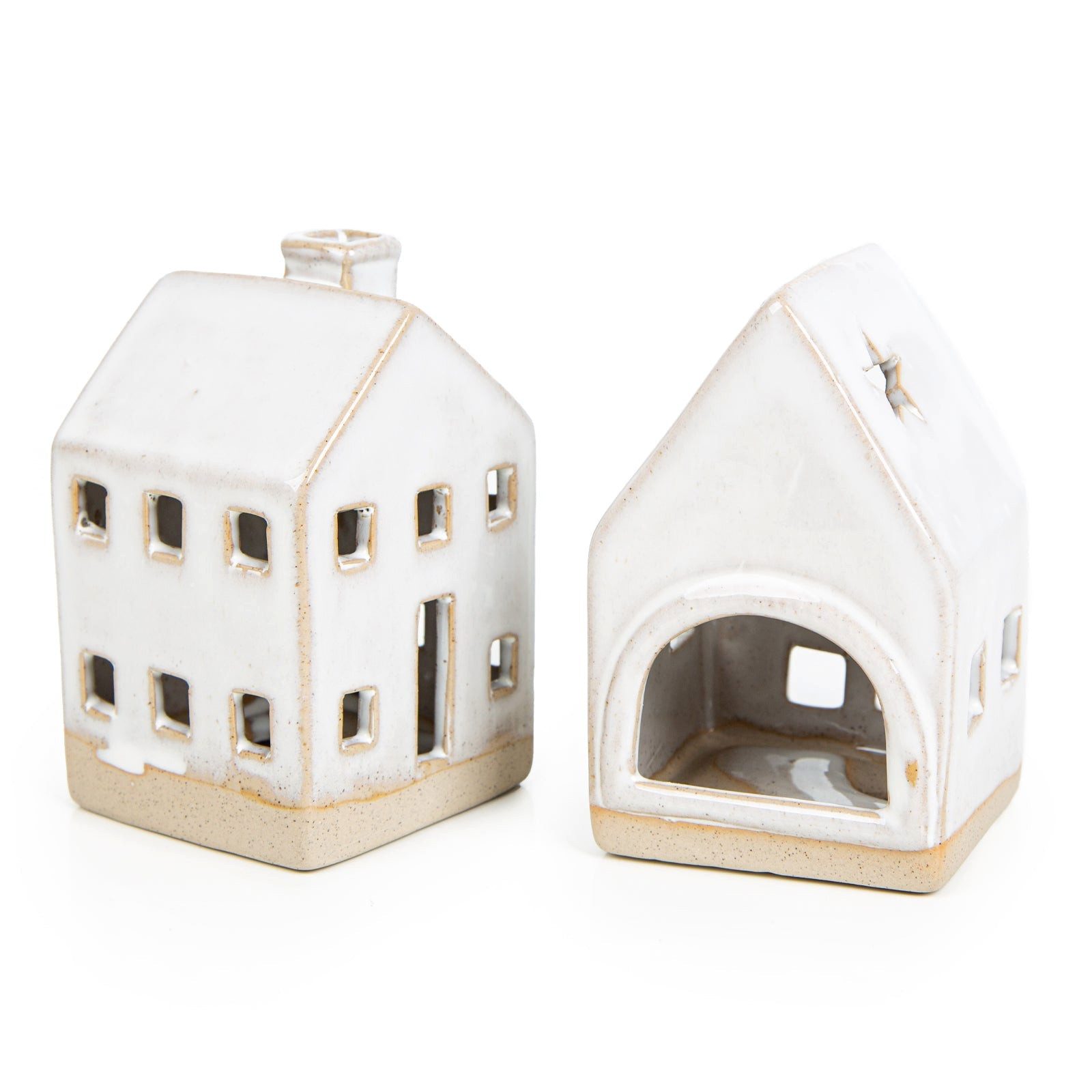 Logbuch-Verlag Dekofigur 2 Haus Windlichter Teelichthalter aus Steingut beige Creme Deko