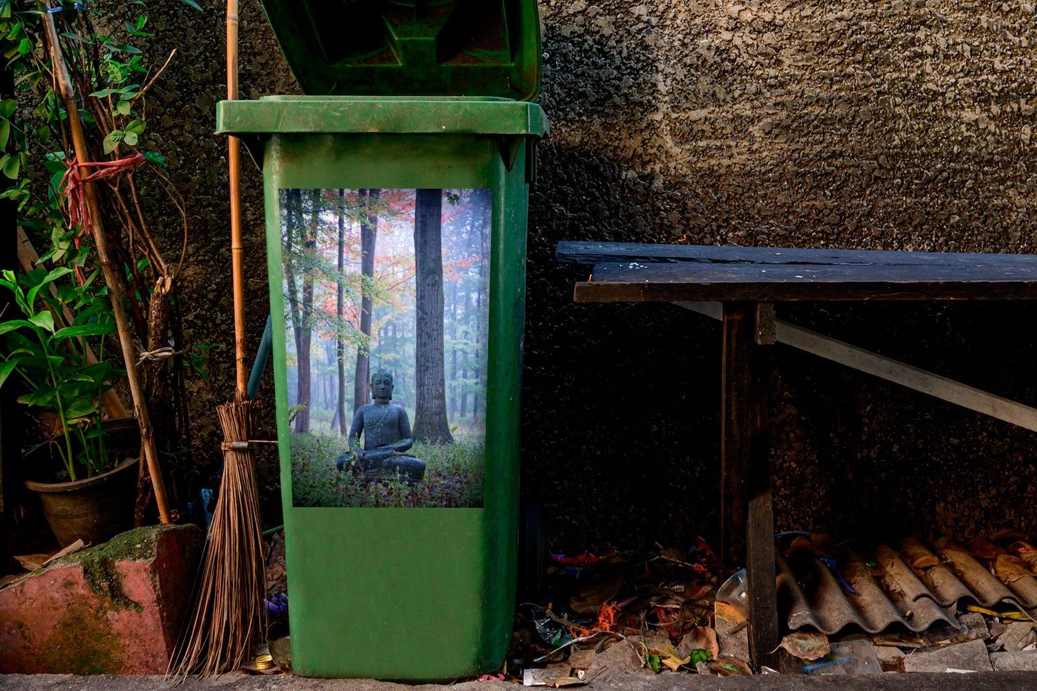 MuchoWow Wandsticker Mülltonne, Mülleimer-aufkleber, Container, Abfalbehälter Wald Sticker, St), im (1 Buddha-Statue