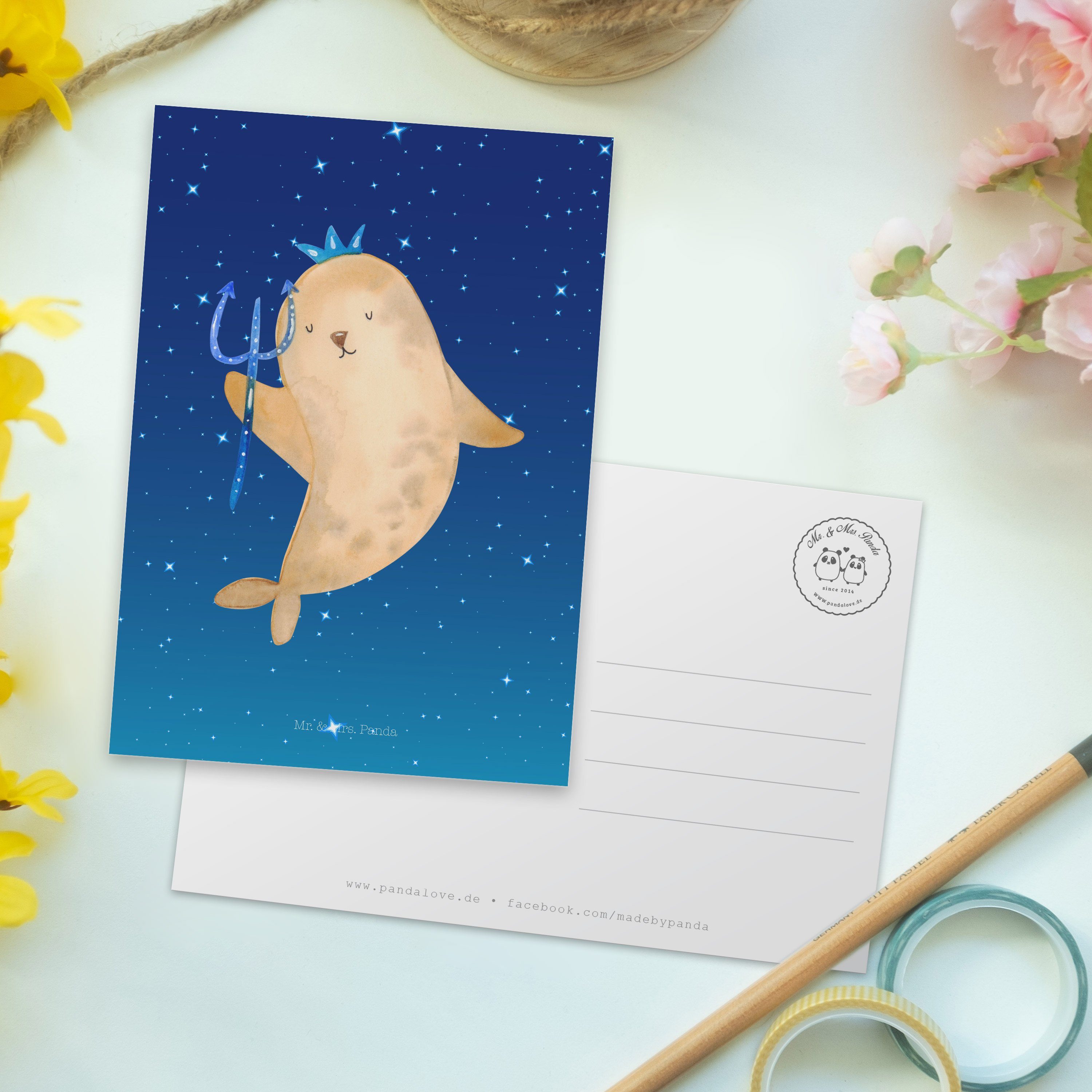 Panda Sternenhimmel - Postkarte Blau Mr. Sternzeichen - Geschenkkart Geschenk, Wassermann Mrs. &