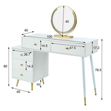 REDOM Schminktisch Kosmetiktisch-Set (5 Schubladen, Frisiertisch mit verstellbarem Seitenschrank), mit LED-Beleuchtung und Spiegel