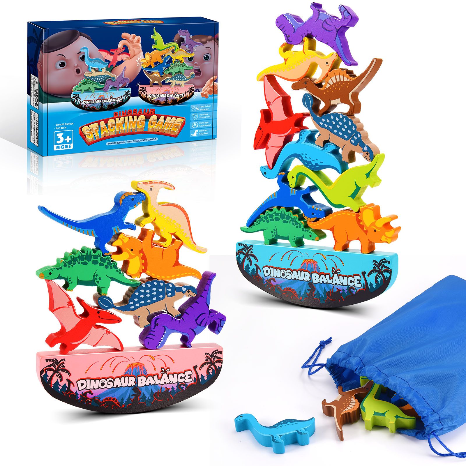 Wootoy Lernspielzeug Stapelspielzeug Montessori Spielzeug Holz Dinosaurier Balancierspiel (mit glatter Oberfläche und kinderfreundlichen, abgerundeten Kanten, 1-St., Reisespielzeug Dinosaurier-Baustein-Set mit 9 Spielvarianten), Geschenkset für Dinosaurie