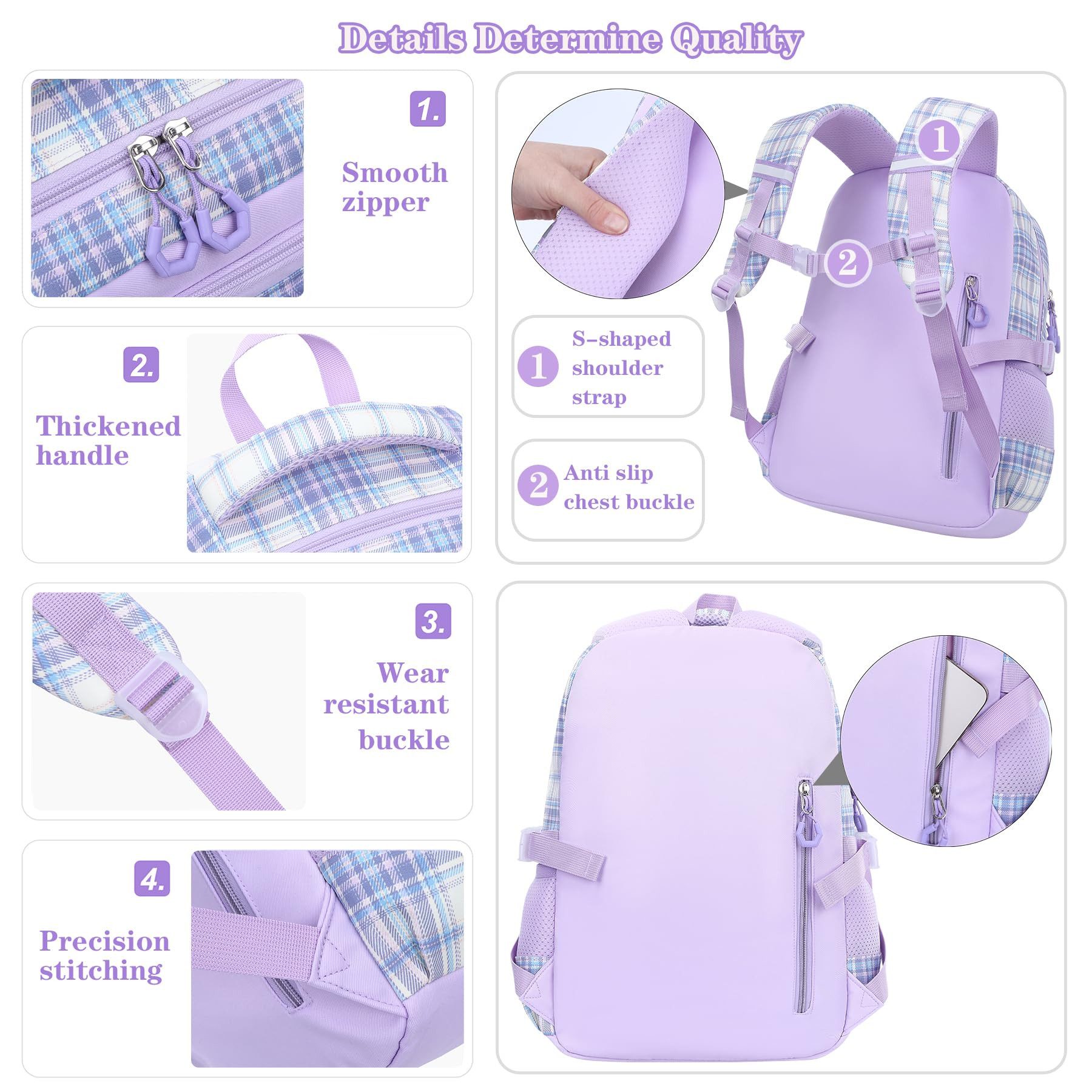 MOPUEA Schulrucksack Schulrucksack Set 3-tlg Wasserabweisend Ergonomisch mit Viele Fächer (Schulrucksack Set mit Lunchtasche und Federmäppchen, Rucksack Lunchta – Bild 5 von 5
