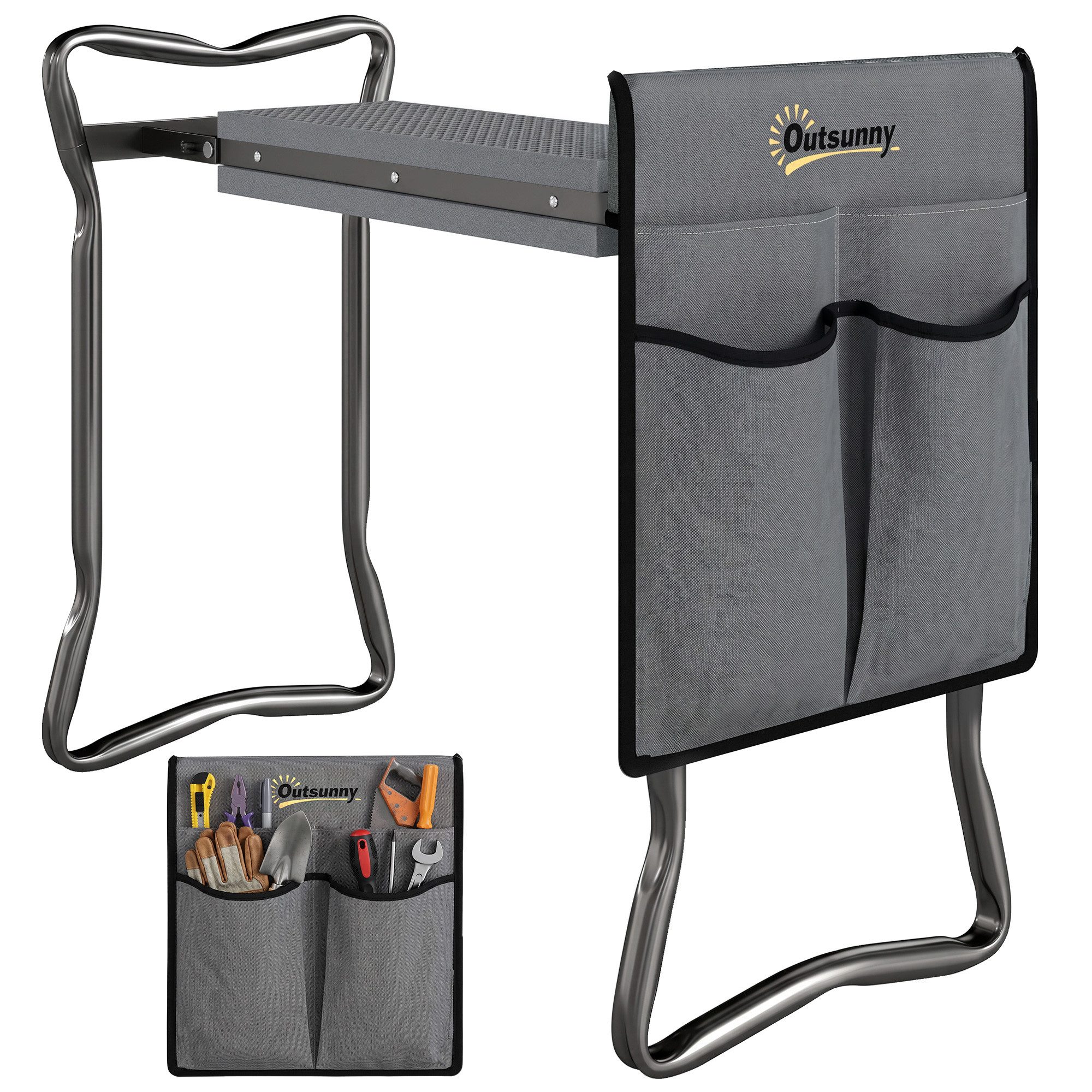 Outsunny Arbeitshocker klappbar mit Kniekissen, Werkzeugtaschen, belastbar bis 150 kg (Gartenhocker, 1 St., Kniebank), zum Knien & Sitzen 58 x 28 x 49cm Grau
