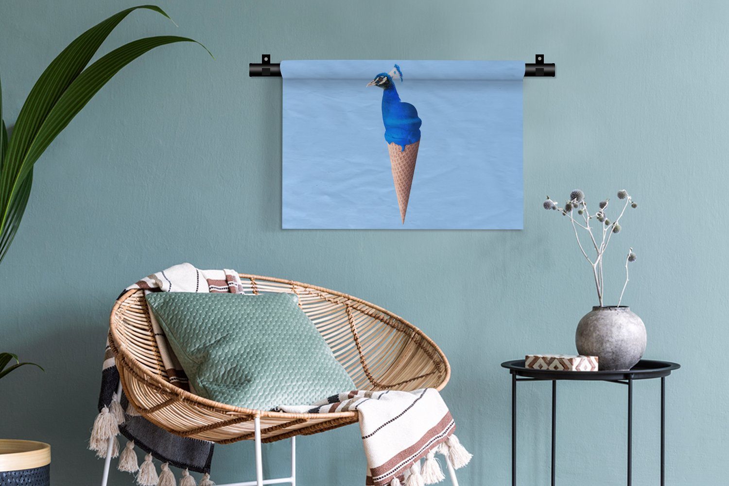 Wohnzimmer, Eiscreme - Kinderzimmer Wanddeko Blau Eistüte Vogel, Schlafzimmer, Kleid, - für MuchoWow - Wandbehang, - Wanddekoobjekt Pfau