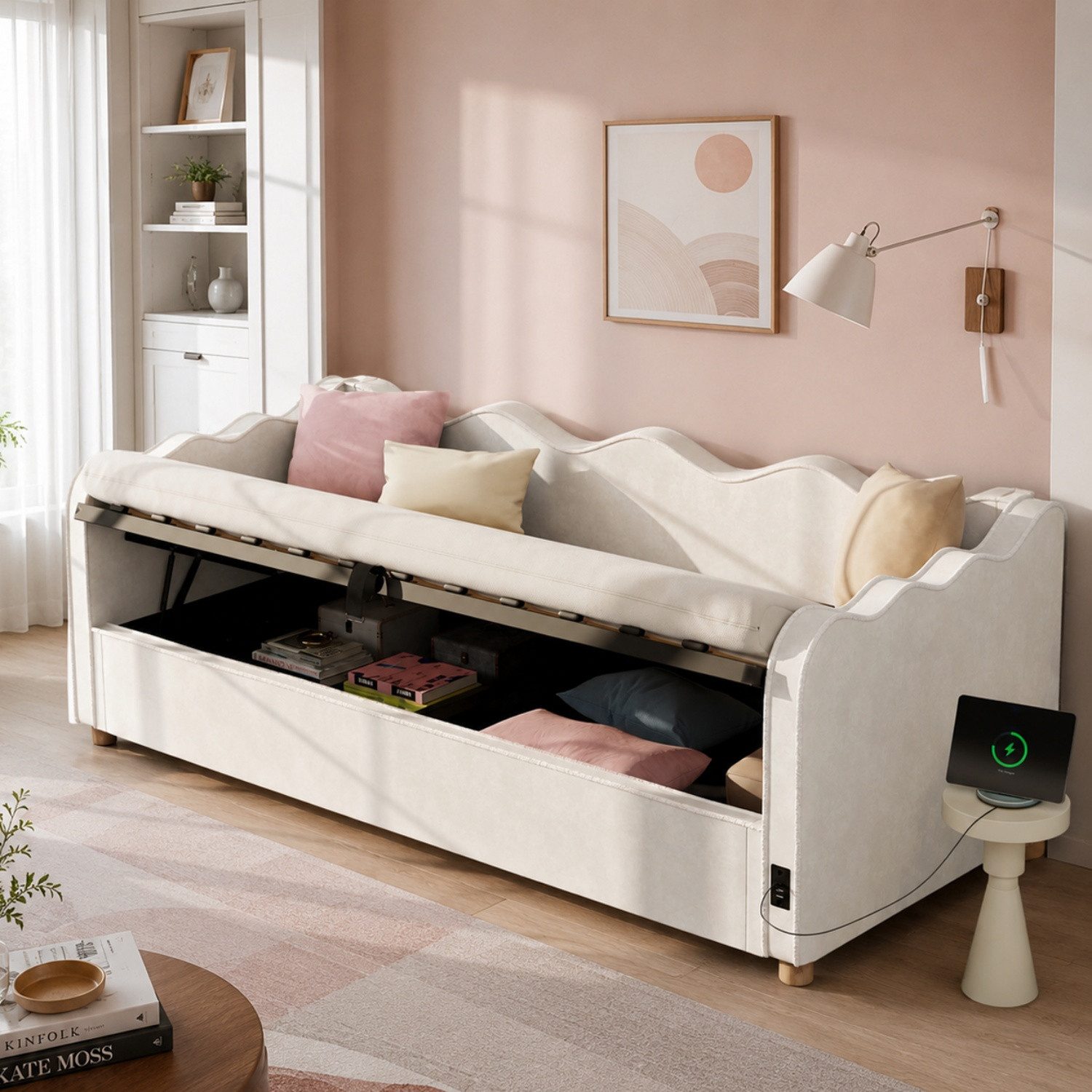 ANYSUN Gästebett Polsterbett Tagesbett mit Hydraulischer Stauraum,USB & Type-C,90x200cm (1-St., Daybett mit Massivholz-Rundfüße,Bettgestell) Schlafsofa aus Samt mit Lattenrost,Rückenlehne,bis 150 kg belastbar