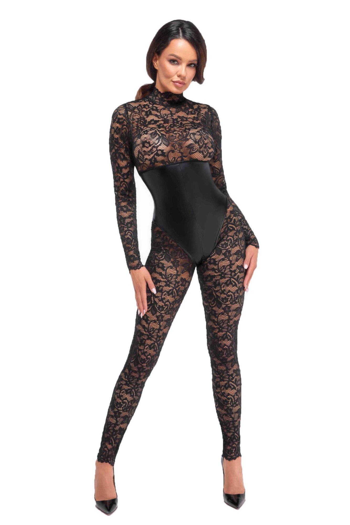 Noir Handmade Stringbody Schwarzer Damen Dessous Bodystocking mit Unterbrust-Corsage aus Spitze