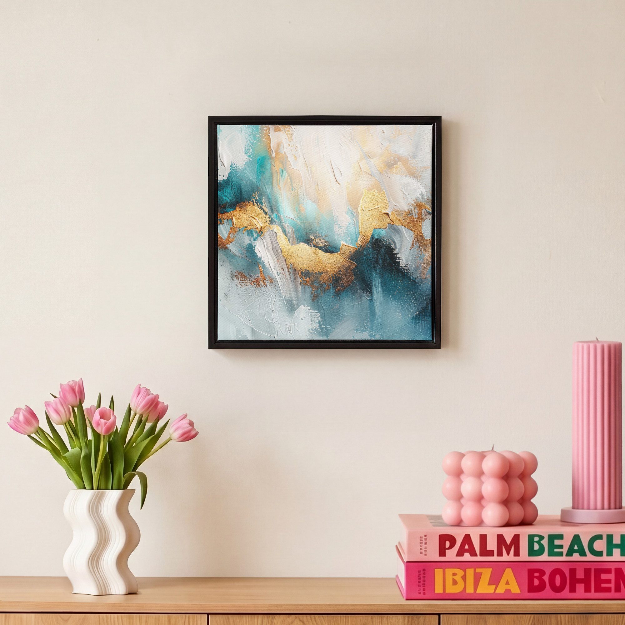 OneMillionCanvasses® Leinwandbild mit Rahmen - Abstrakt - Kunst - Gold - Blau, Fotodruck (1 St), Leinwand Bilder Klein, Wand Dekoration Aesthetic 20x20cm – Bild 4 von 5
