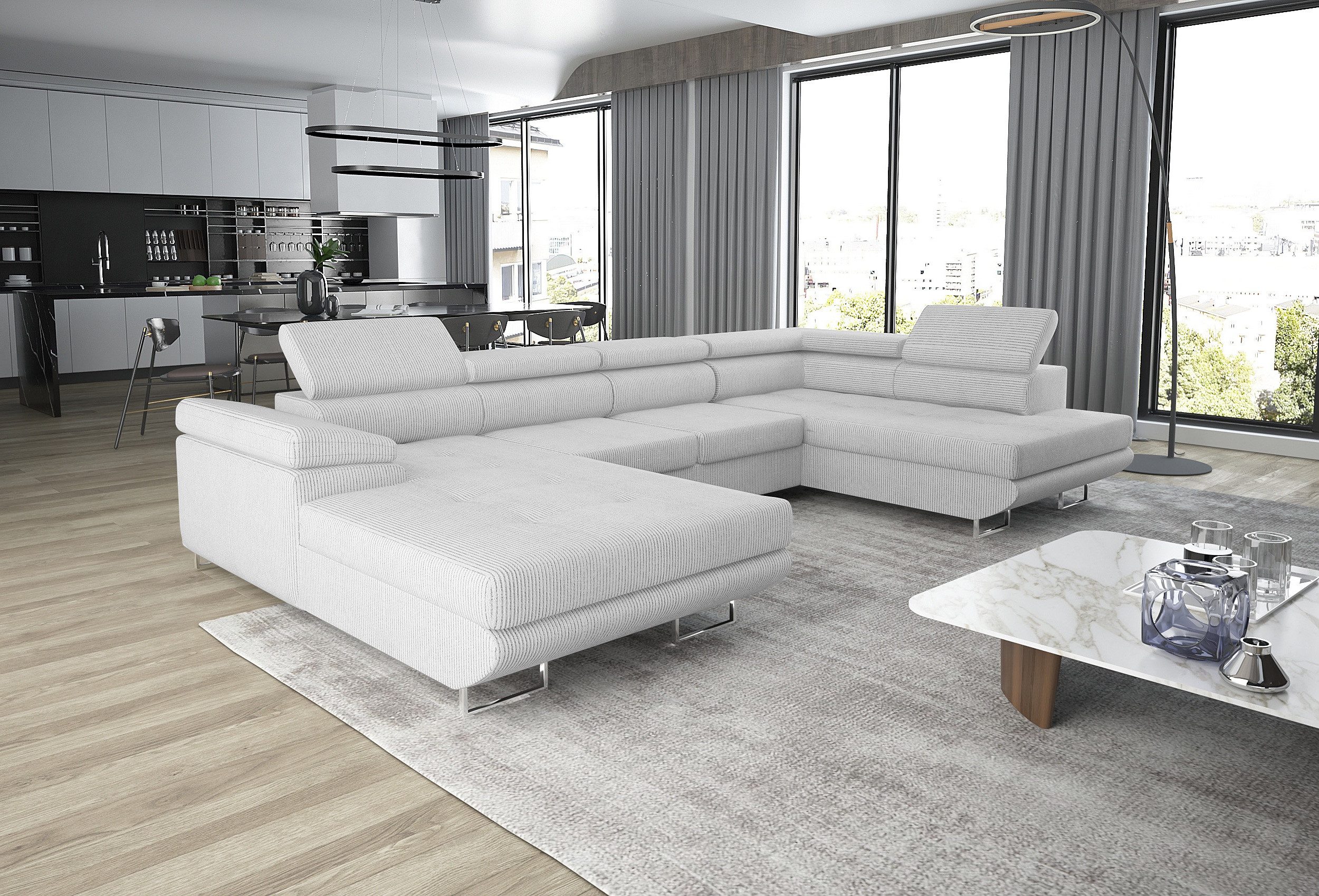 thematys Ecksofa GRENADA in Samt Monolith oder Cord Poso Stoff 355 x 162 cm, U-Form 3 Teile XL-Wohnlandschaft mit Schlaffunktion und Bettkasten