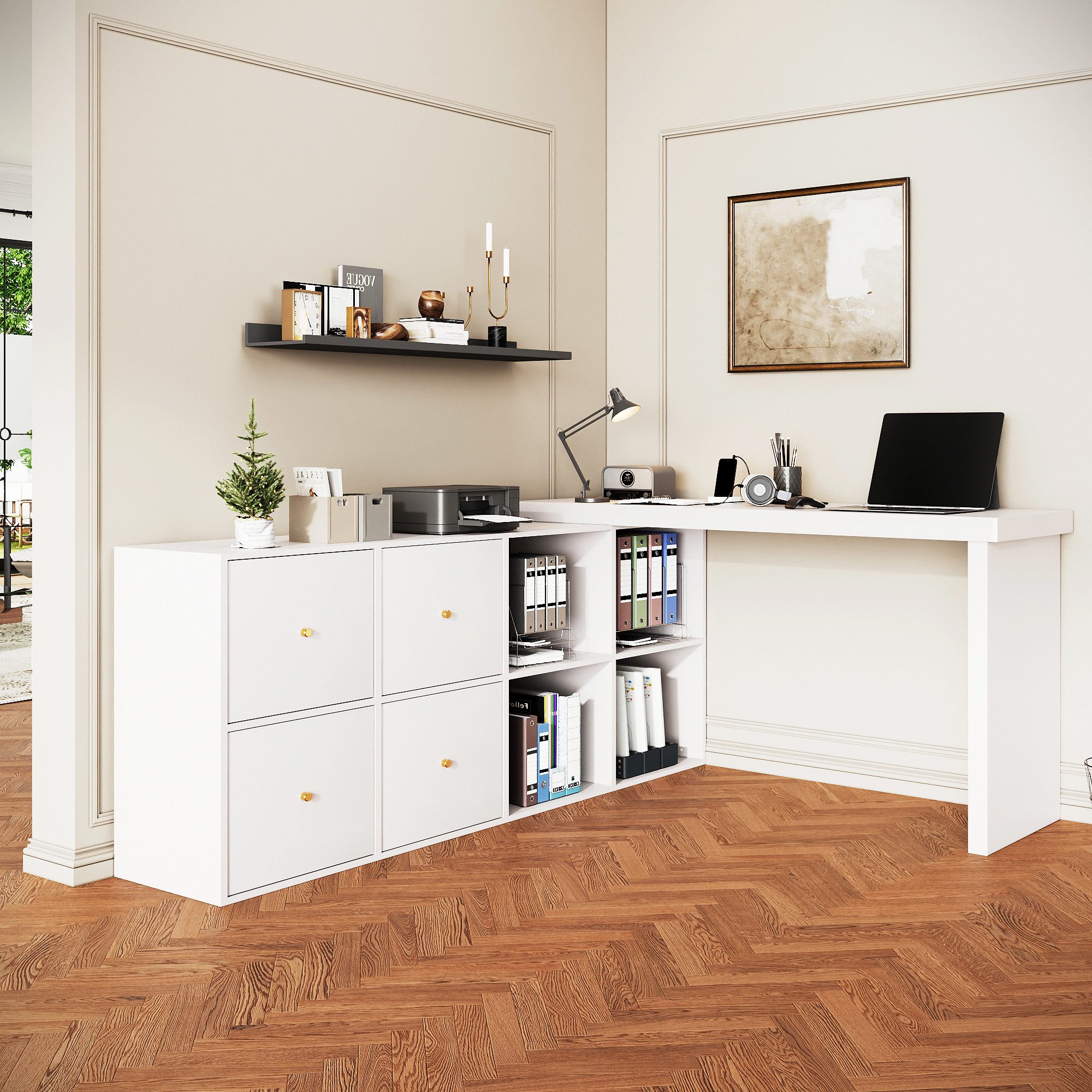 Flieks Schreibtisch 360° drehbar Bürotisch mit 4 Schubladen und 4 Fächern (Tischlänge 120xT48xH78 cm/Schranklänge 140xT35 cm, 2-St., 1 Tisch schwenkbar), Computertisch Eckschreibtisch L-förmiger Arbeitstisch mit Kommode weiß