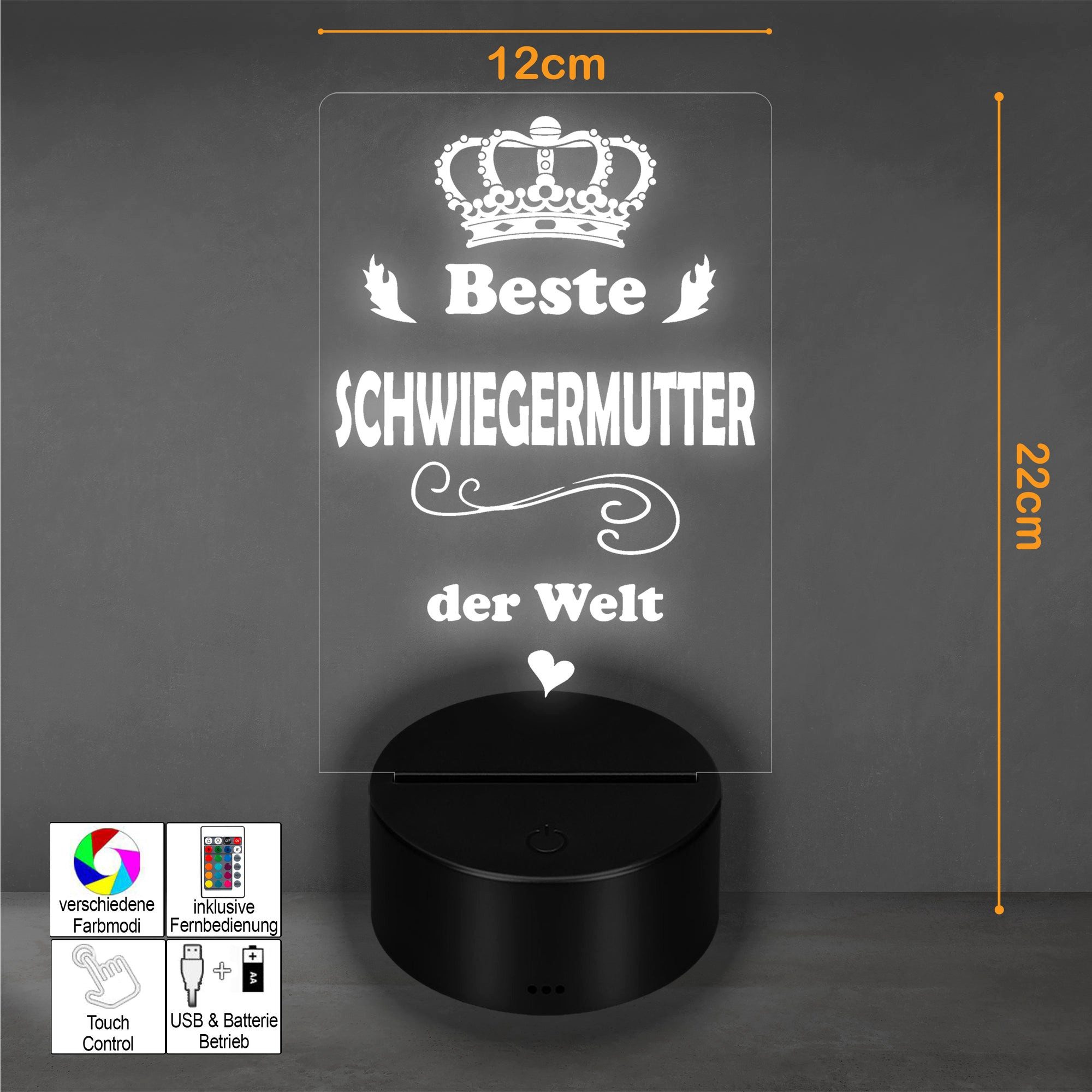 Lieblingsmensch LED Nachtlicht mit Gravur, Beste Schwiegermutter, Acryllampe mit romantischem Spruch, LED fest integriert, Farbwechsel oder feste Farbe mit Fernbedienung & Touch, Dekolampe zur Hochzeit, Geburtstag, Verlobung & Jahrestag