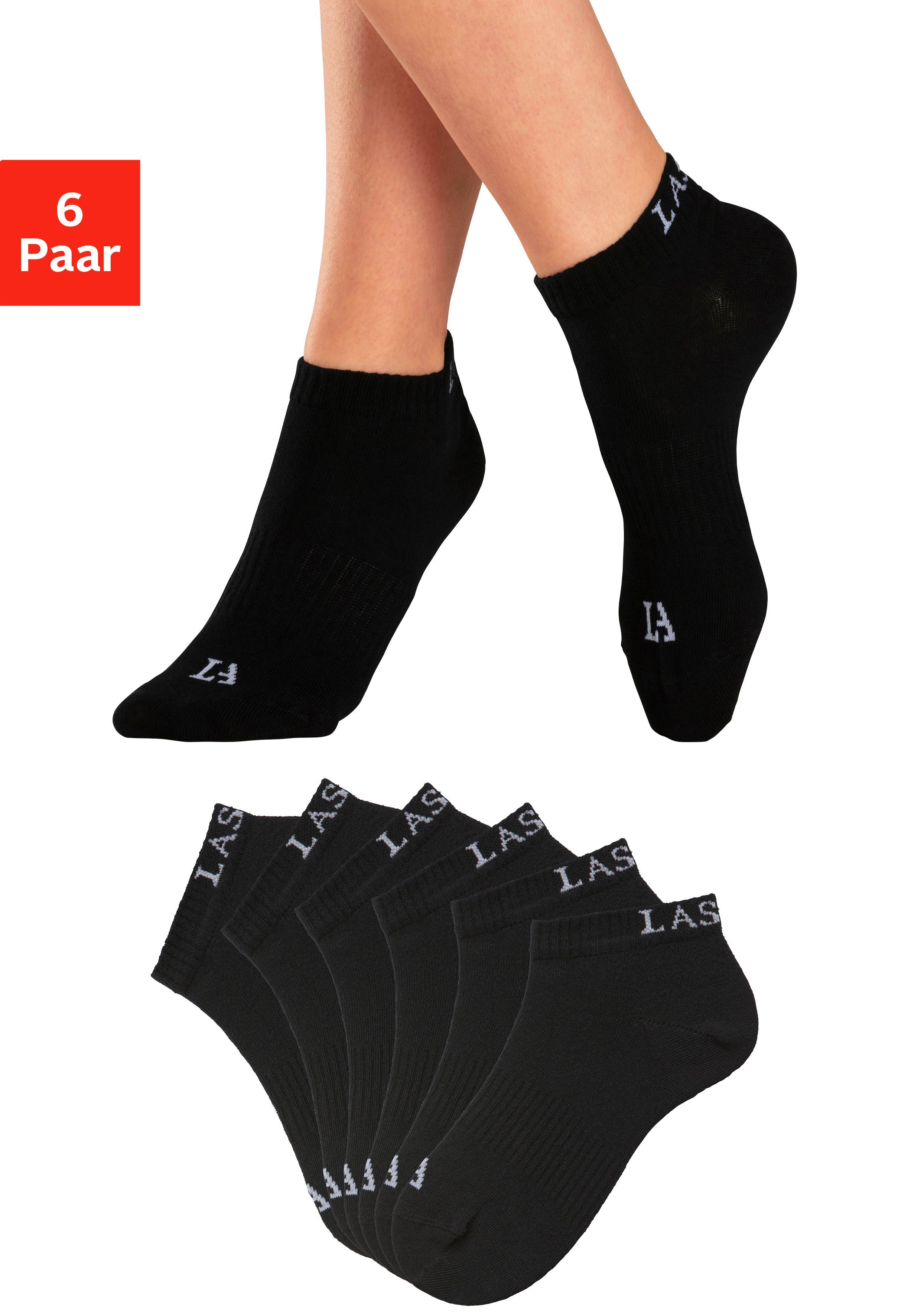 6x LASCANA Sneakersocken 6-Paar) eingestricktem Logo schwarz ACTIVE (Set, mit Marken