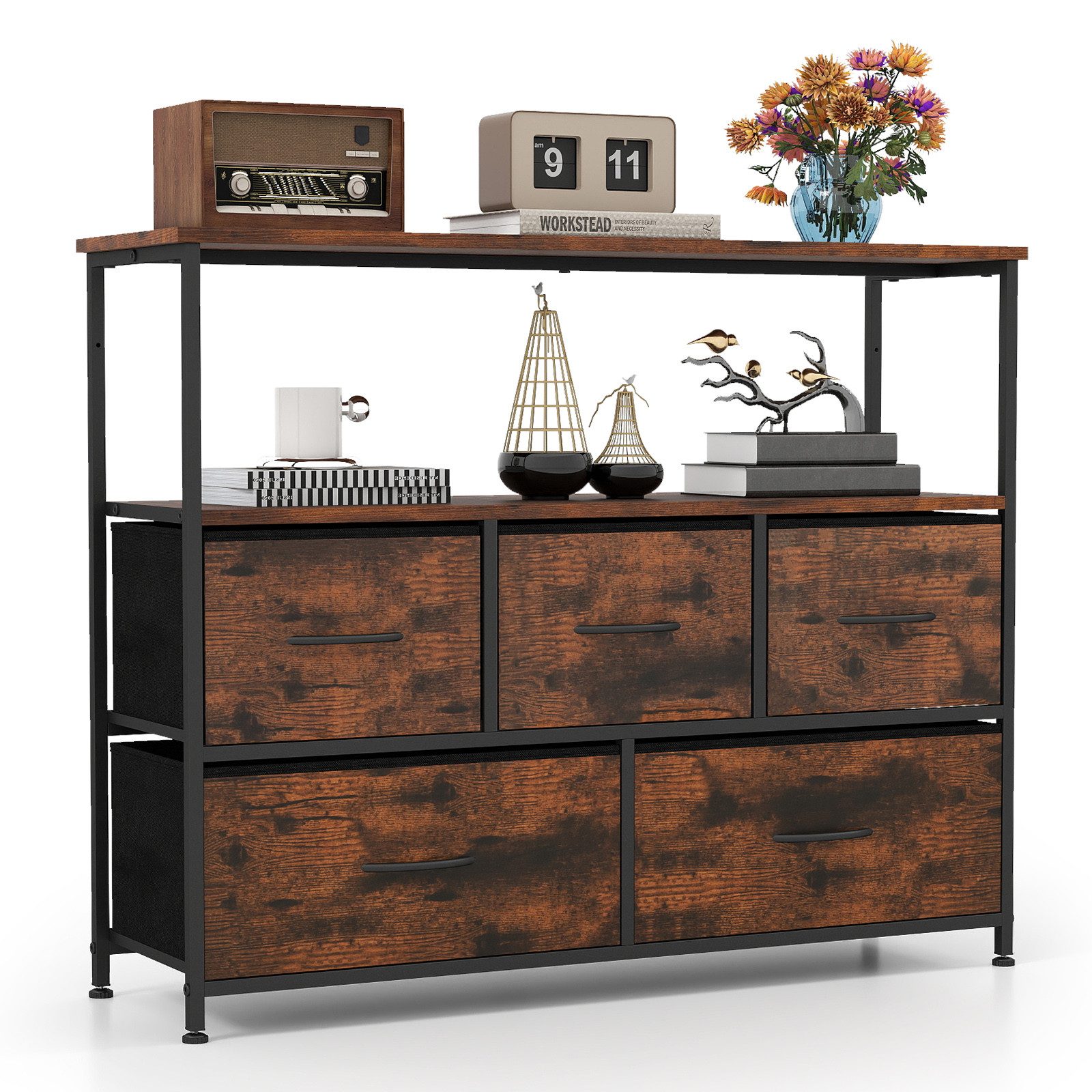 COSTWAY Sideboard, mit 5 Stoff Schubladen & Regalen Schubladenschrank
