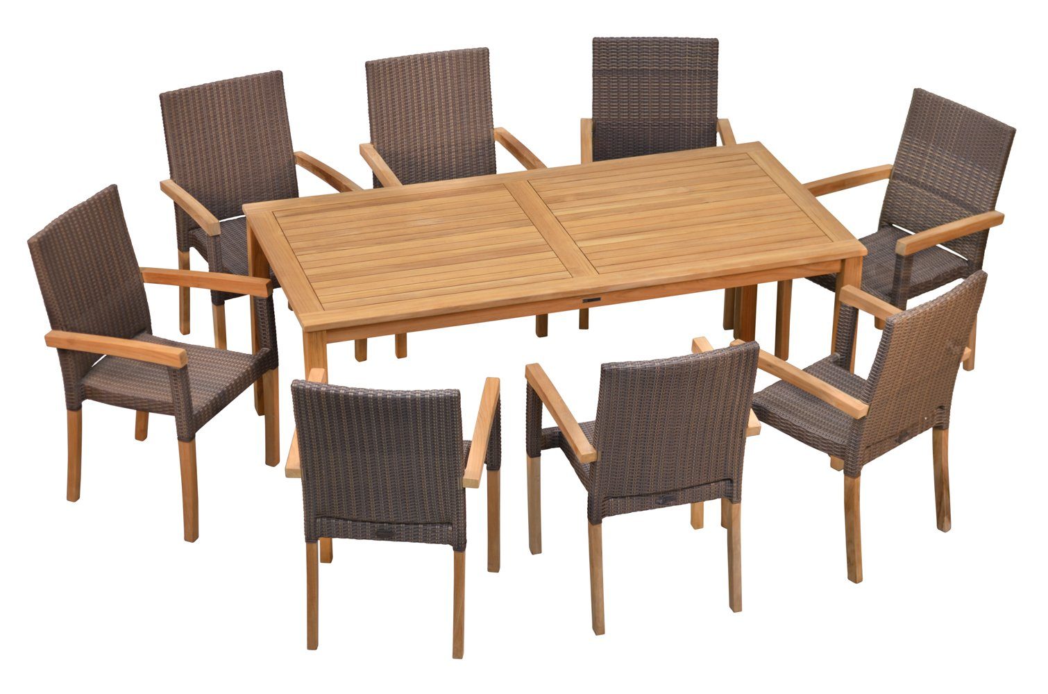 Kai Wiechmann Garten-Essgruppe Exklusive Teak Sitzgruppe aus 8 Stapelstühlen und 1 Tisch 180 x 90 cm, (9-tlg., 8 Stapelstühle, 1 Esstisch), Teak-Gartenmöbel Set mit modernem Materialmix