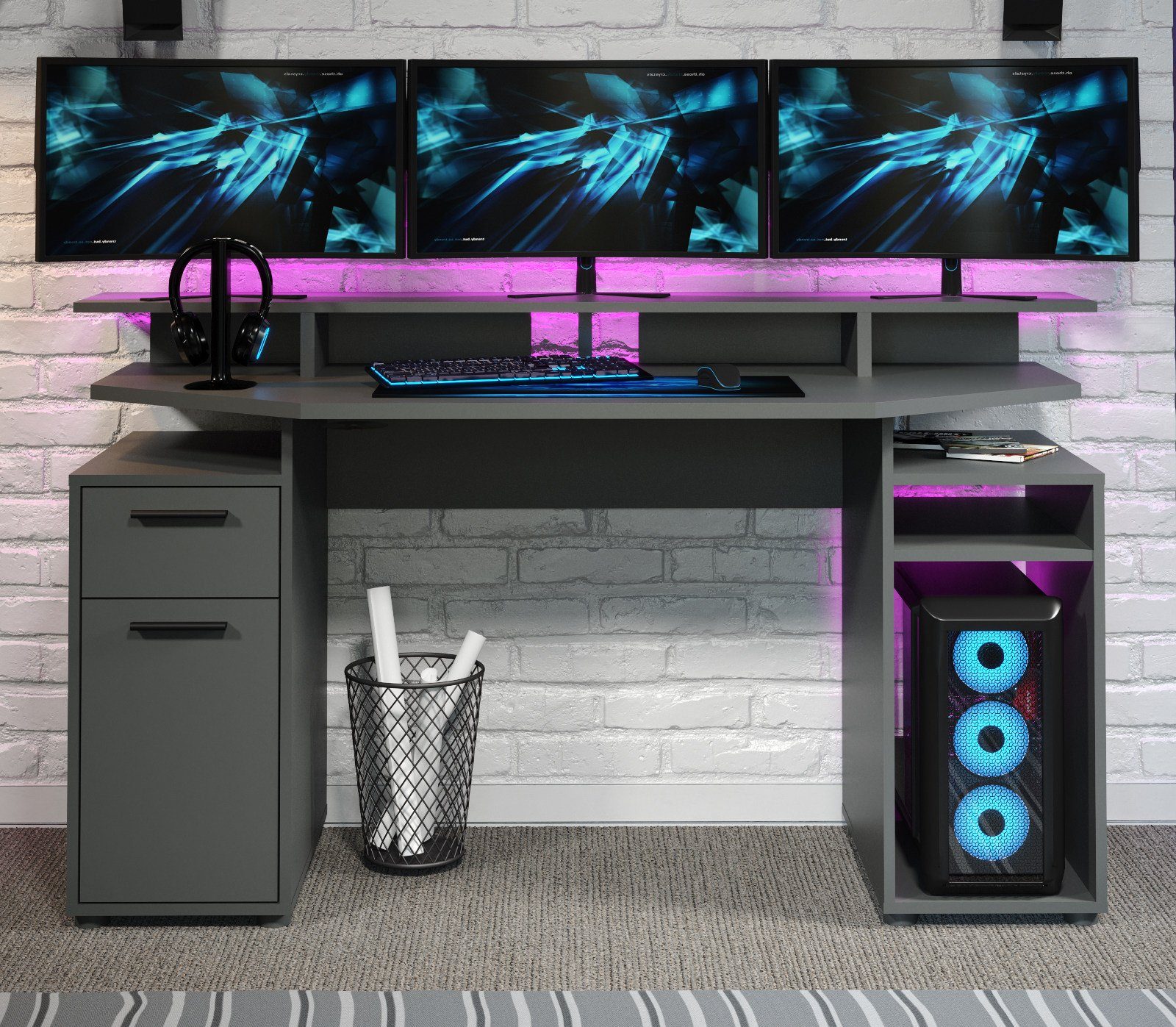 ebuy24 trendteam Gamingtisch Commander (Schreibtisch in Anthrazit, 160 x 88 cm), mit Monitor-Podest, mit Stauraum
