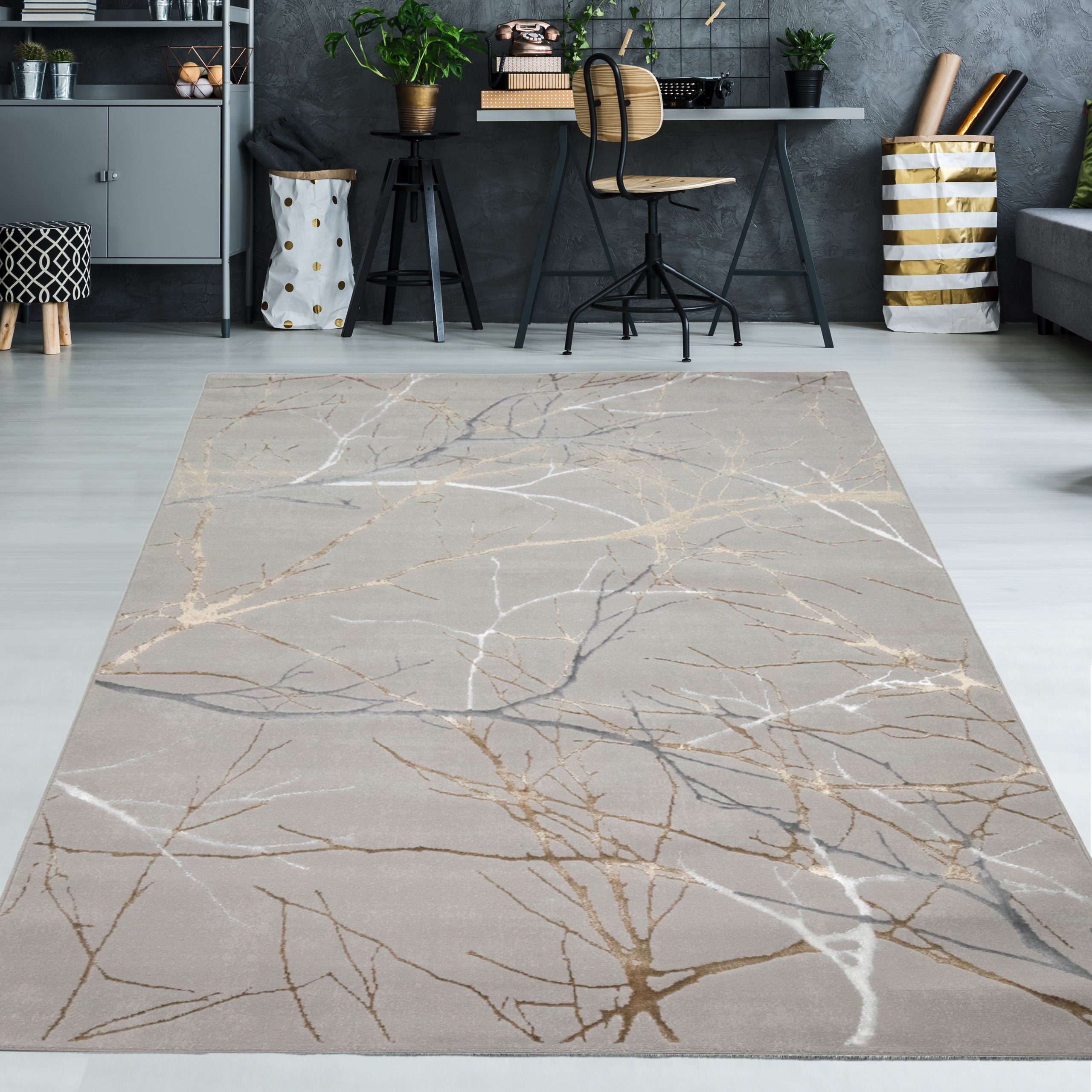 TeppichHome24 Teppich Designer Teppich Ästemuster in gold, rechteckig günstig online kaufen