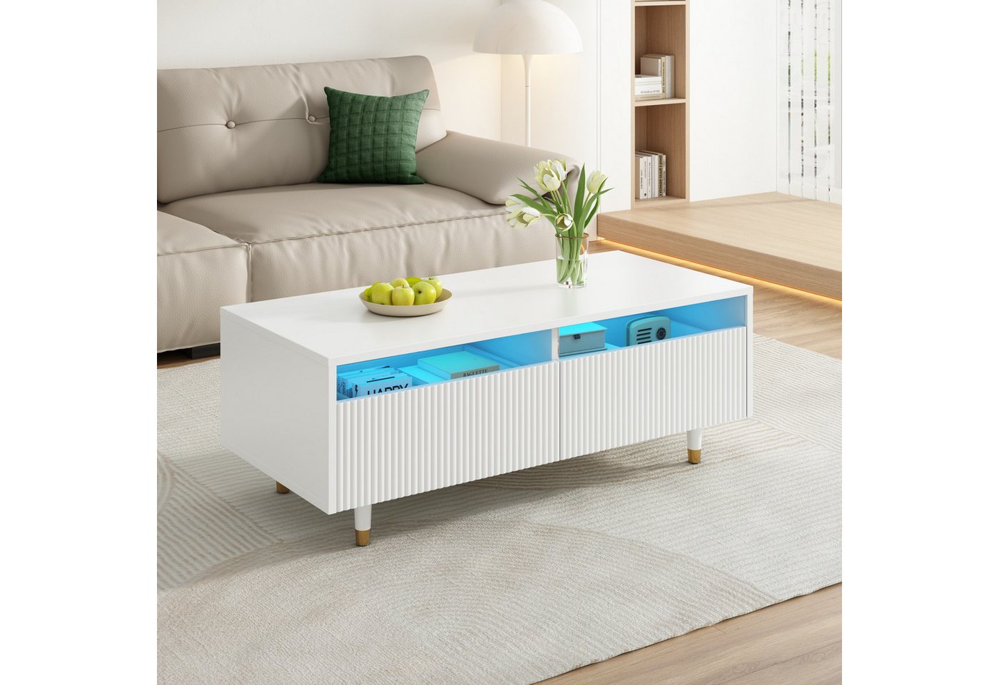 Merax Couchtisch Sofatisch Beistelltisch mit LED-Beleuchtung (1-St), Wohnzimmertisch mit 2 Schubladen & Massivholzbeinen, 110×50×40 cm