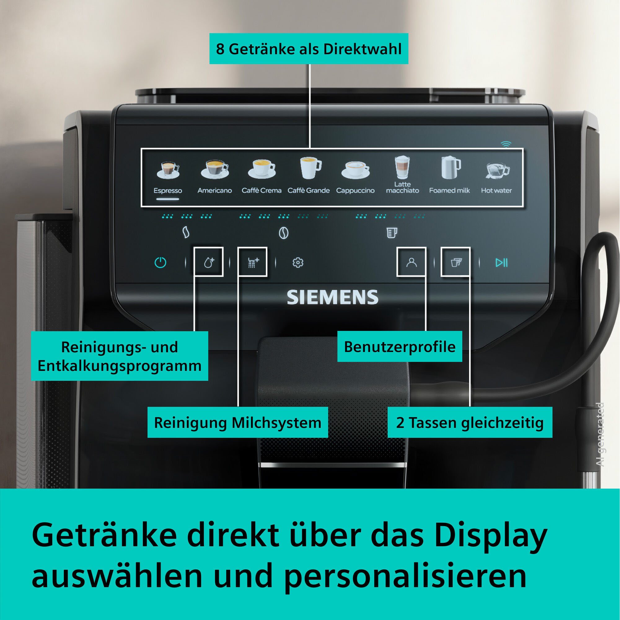 SIEMENS Kaffeevollautomat EQ500 TP553E19, Doppeltassenfunktion, 8 Getränke, farb. Touchdisplay, Keramikmahlwerk, entnehmbare Brüheinheit, Steuerung per App, Sch – Bild 4 von 5