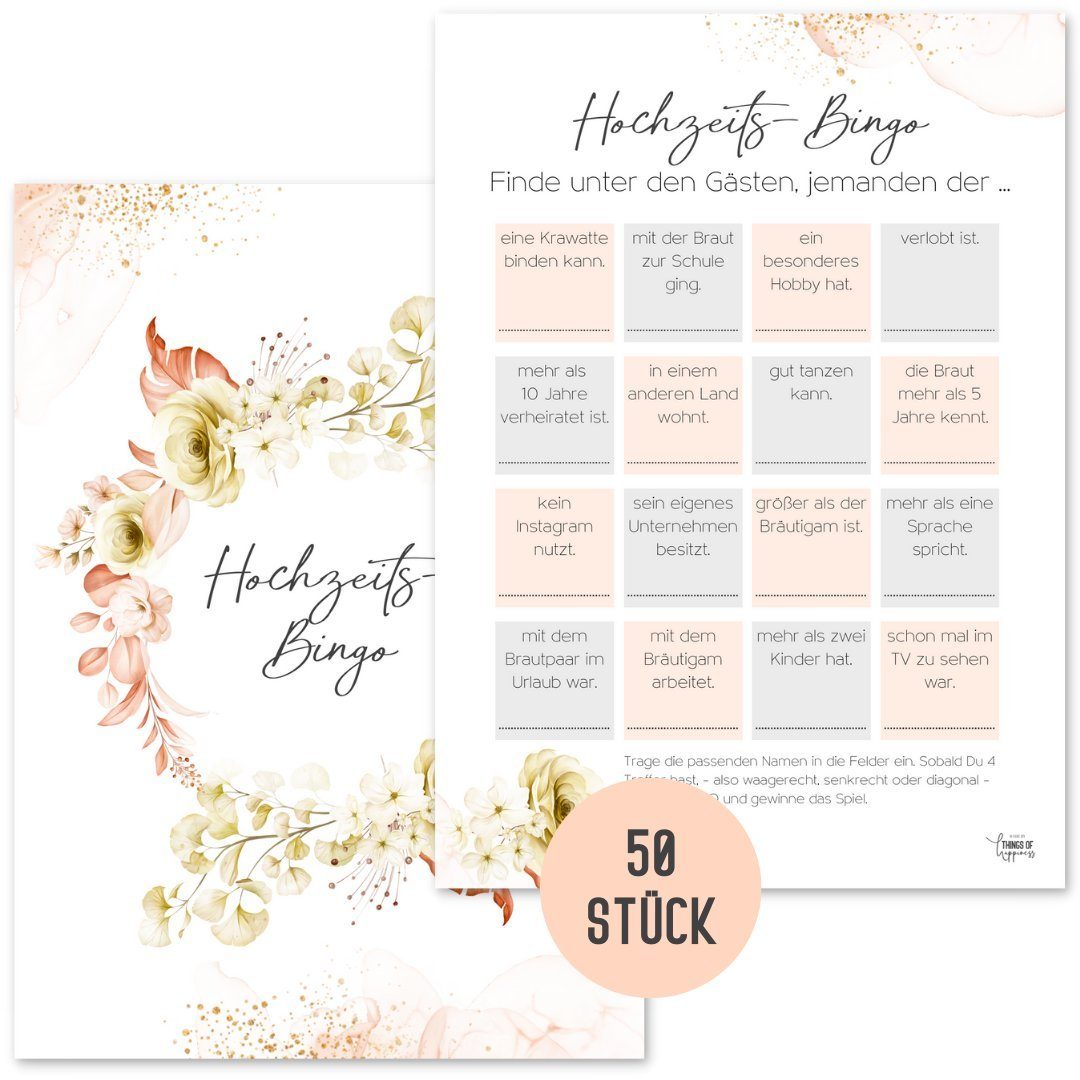 Things of Happiness Spiel Hochzeitsspiel Bingo, Hochzeitsbingo, Spiel Gäste Hochzeit, Kennenlernspiel Hochzeit, 50 Karten