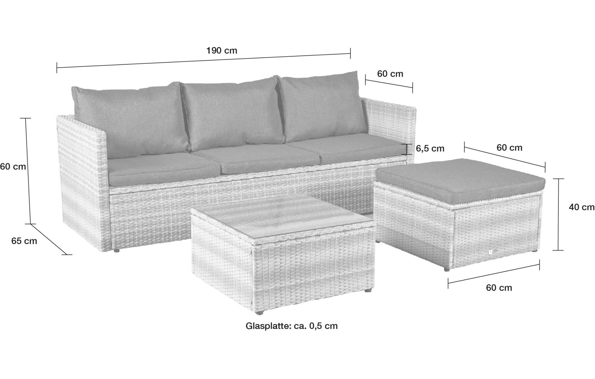 dasmöbelwerk Gartenlounge-Set Loungeset Manila Gartenlounge Ecksofa mit Tisch Hocker Polyrattan, individuell stellbar