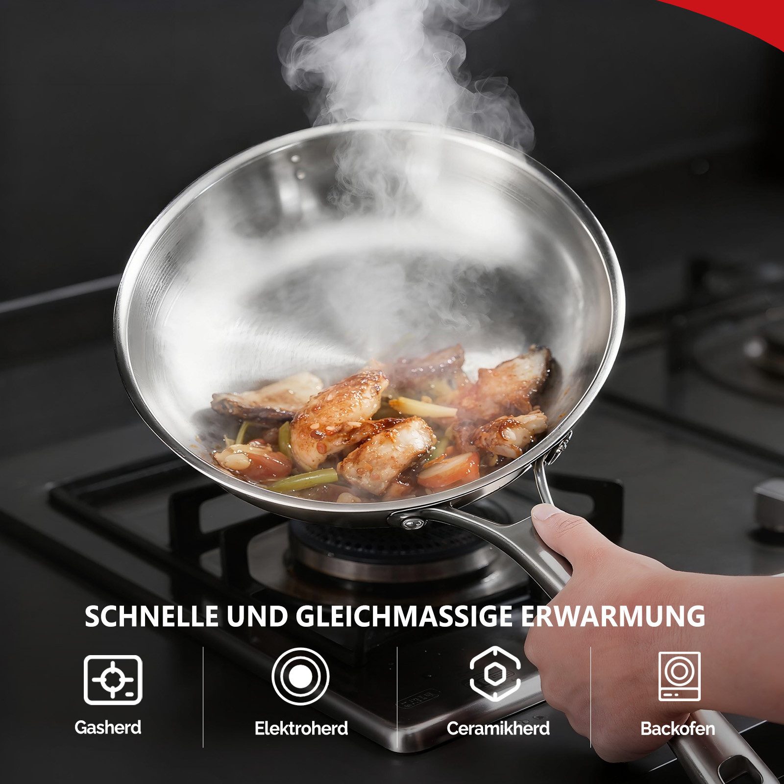 VINGLI Pfannen-Set Pfannenset Edelstahl, Bratpfannen, PTFE frei, (11-tlg., 3 Pfannen 4 Töpfe mit 4 Glasdeckeln), für alle Herdarten, Spülmaschinenfest – Bild 4 von 5