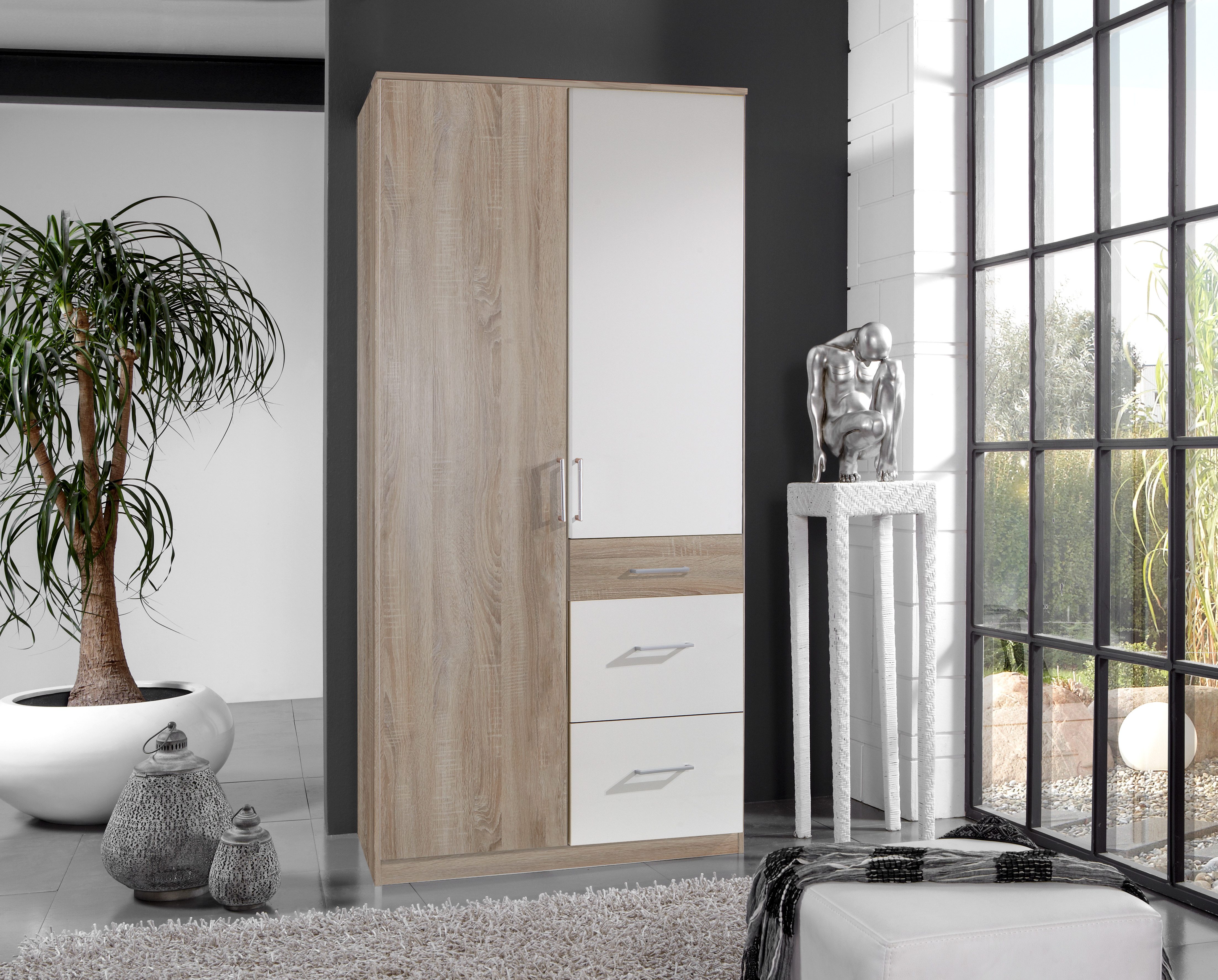 möbel-direkt.de Drehtürenschrank Click in Eiche Sägerau mit Weiß (komplett, 1-St., Kleiderschrank) Made in Germany