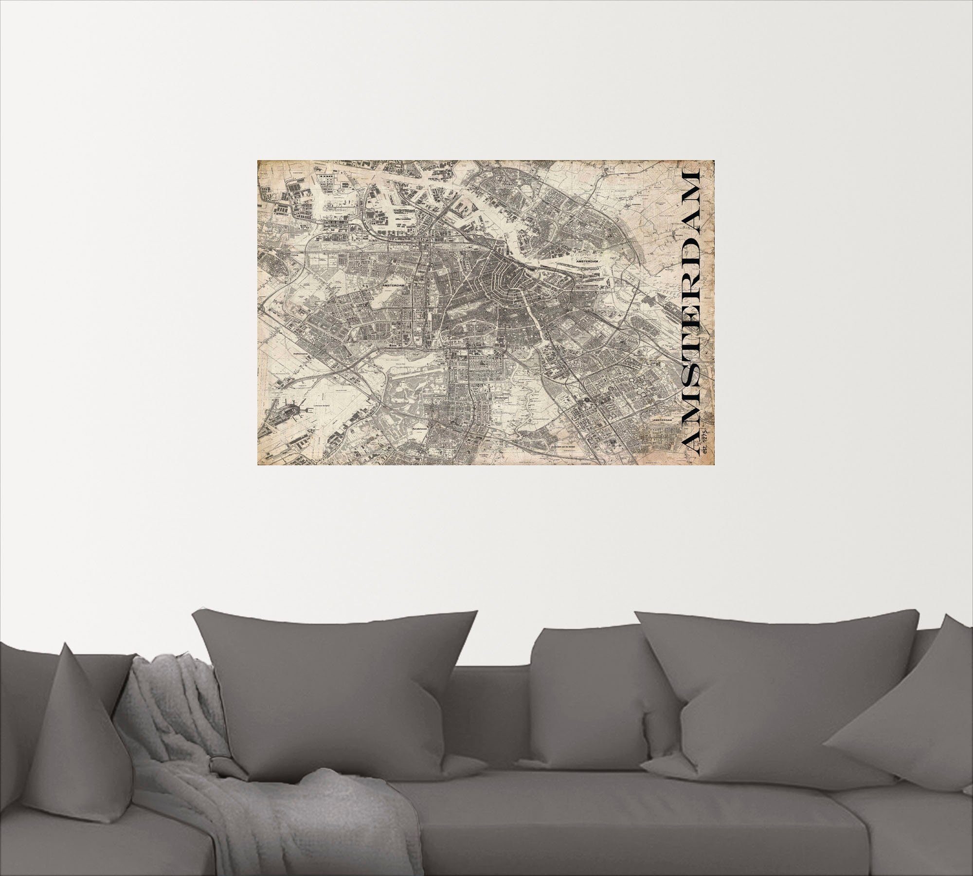 Größen versch. Karte Karte oder St), Wandbild Alubild, Wandaufkleber als (1 Straßen Niederlande Grunge, Leinwandbild, Amsterdam Artland in Poster